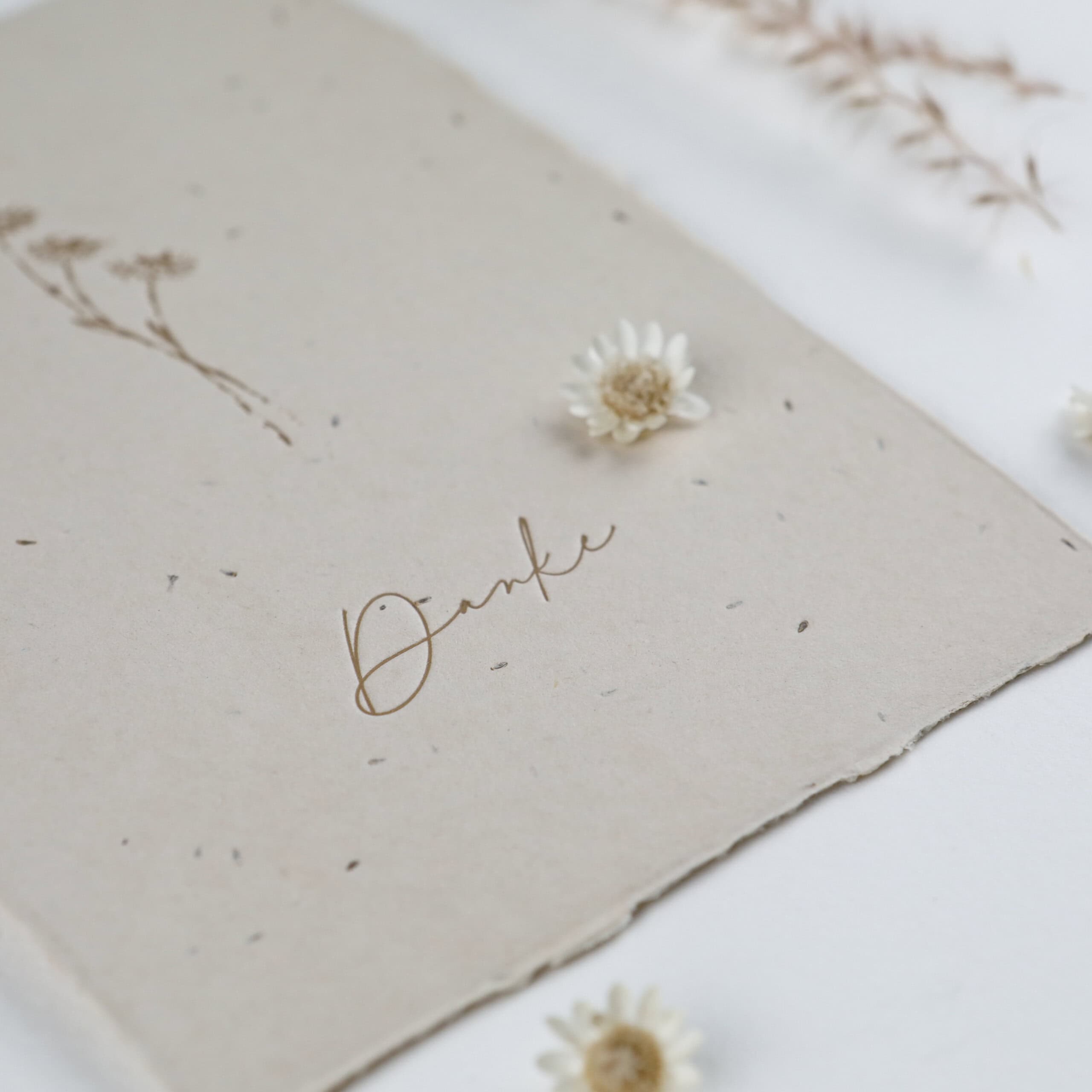 Karte aus handgeschöpftem Saatpapier zum Danke sagen, Dankeskarte Samenpapier mit Schafgarbe-Samen, Blumenmotiv, Letterpress-Druck, Papierknöpfchen Zeichnung