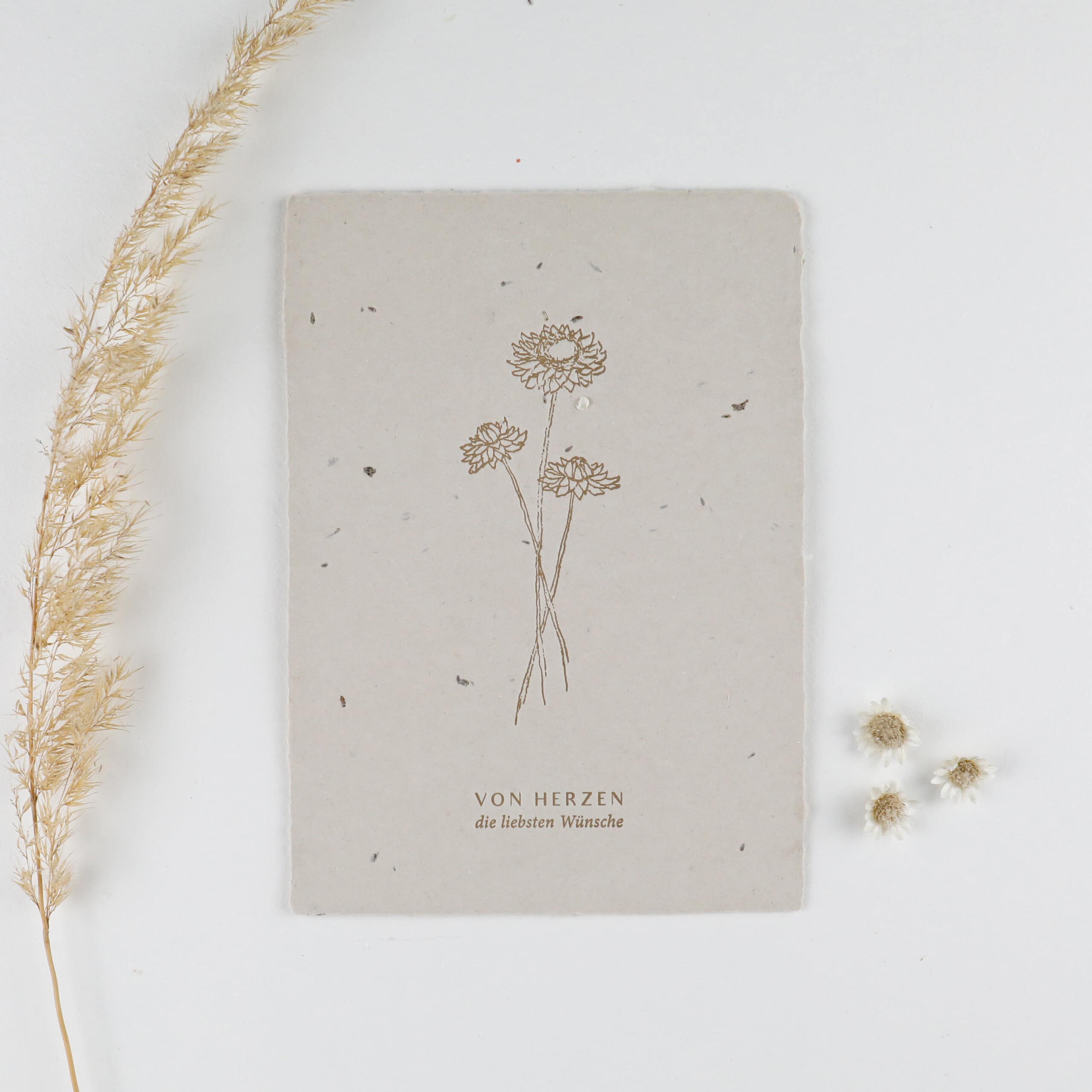 Karte aus handgeschöpftem Saatpapier zum gratulieren, Geburtstagskarte Samenpapier mit Schafgarbe-Samen, Blumenmotiv, Letterpress-Druck, Papierknöpfchen Zeichnung