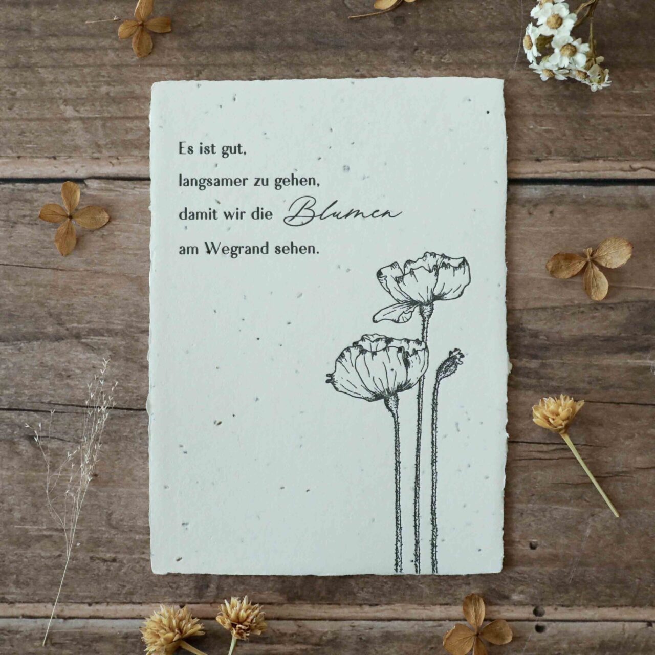 Einpflanzbare Karte zu jedem Anlass, handgeschöpftes Saatpapier, Samenpapier, Blumen am Wegrand, Mohnblumen, Wildblumen, Es ist gut, langsamer zu gehen, damit wir die Blumen am Wegrand sehen.
