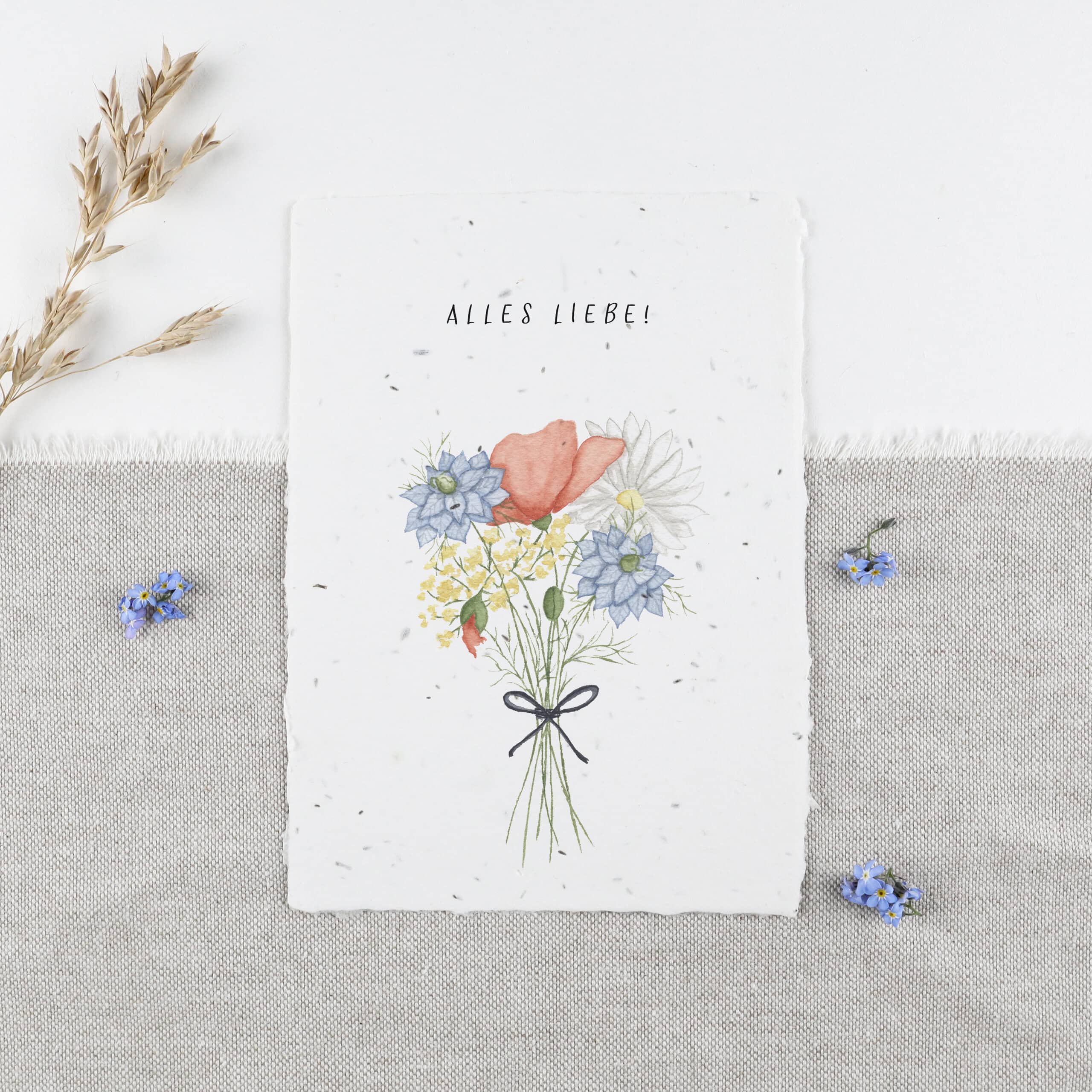 Glückwunschkarte aus Samenpapier zum Geburtstag, Gratulation zum Geburtstag mit Samenkarte mit Blumenstrauß