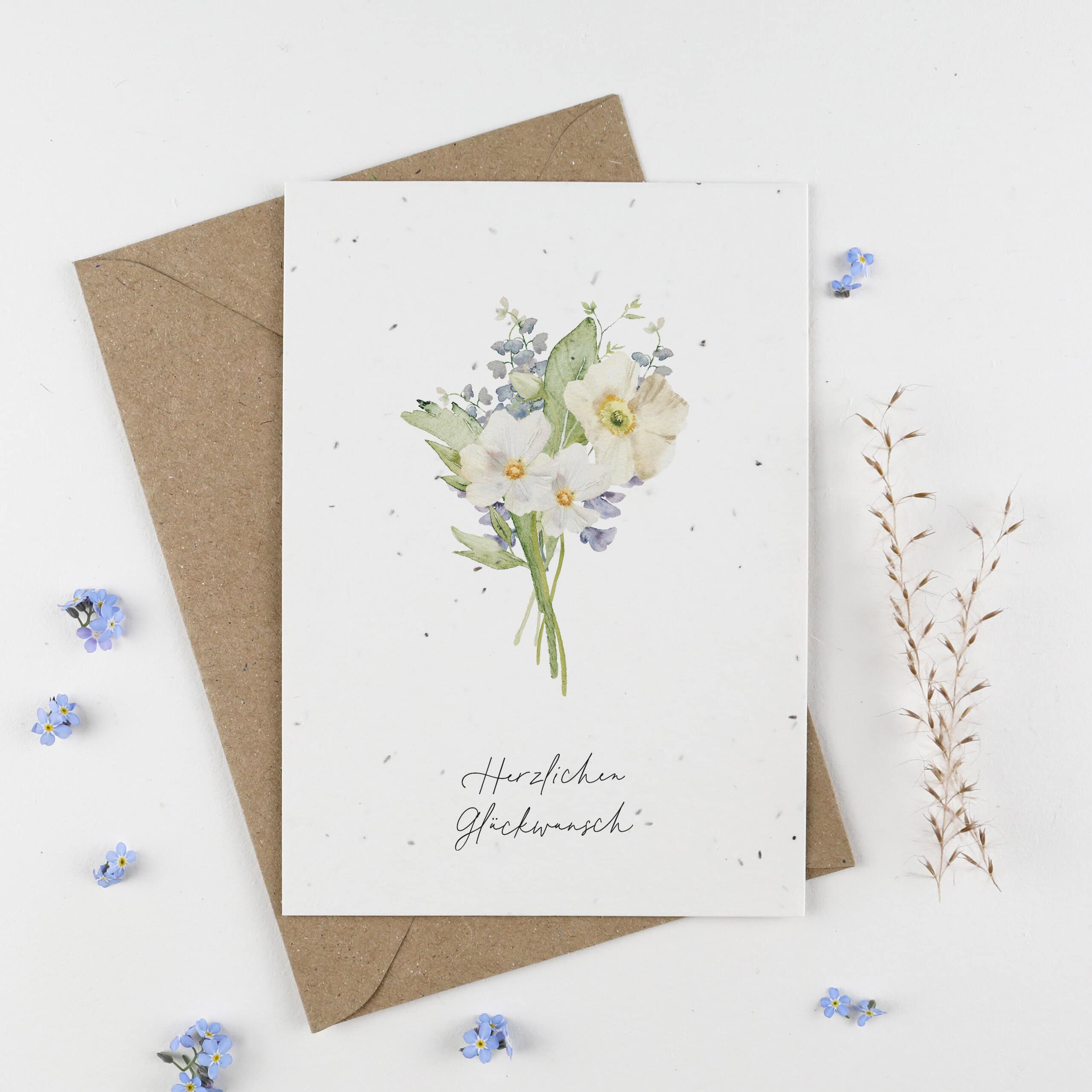 Glückwunschkarte aus Samenpapier zum Geburtstag, Gratulation zum Geburtstag mit Samenkarte mit Blumenstrauß