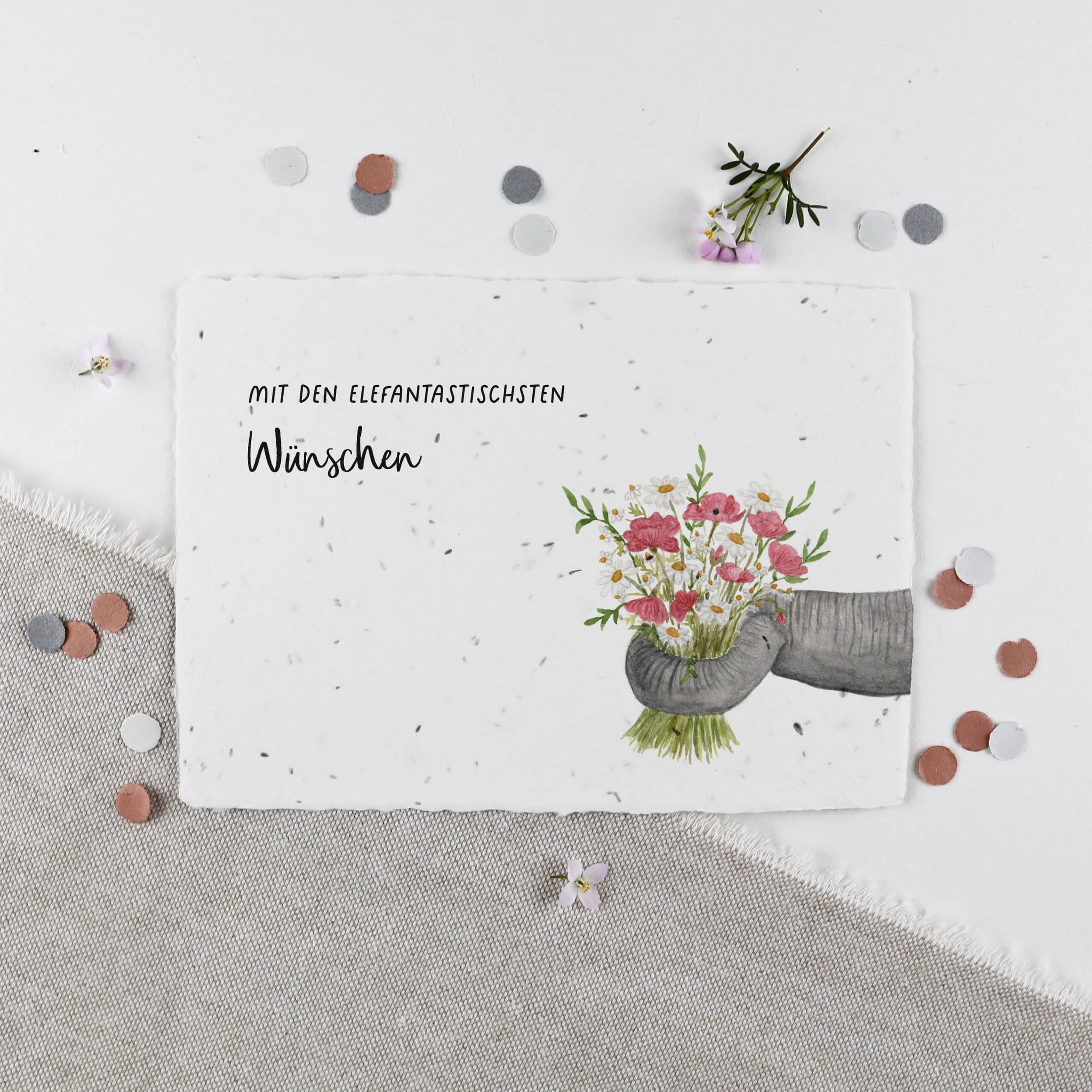 Glückwunschkarte aus Samenpapier zum Geburtstag, Gratulation zum Geburtstag mit Samenkarte mit Blumenstrauß und Elefantenrüssel