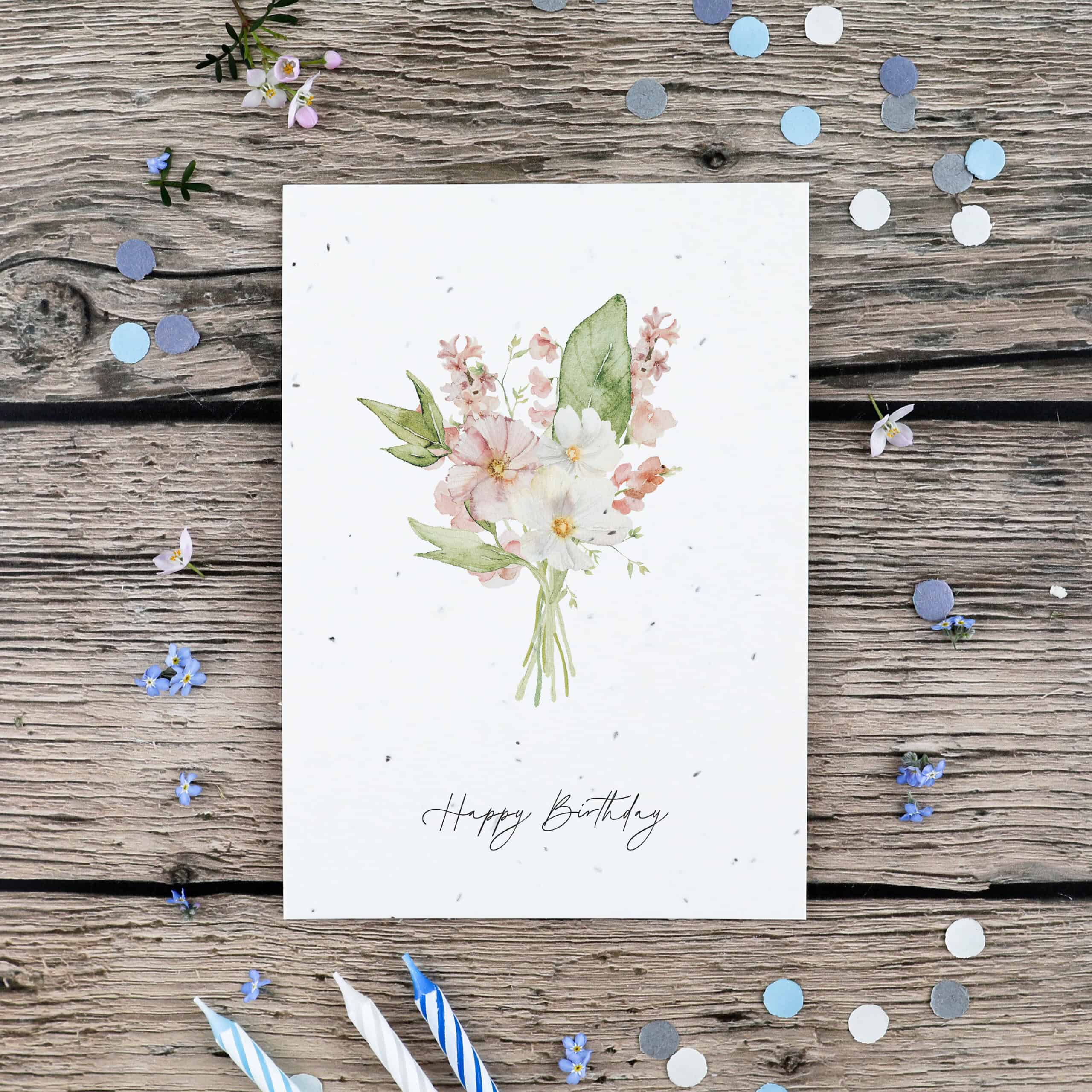 Glückwunschkarte aus Samenpapier zum Geburtstag, Gratulation zum Geburtstag mit Samenkarte mit Blumenstrauß