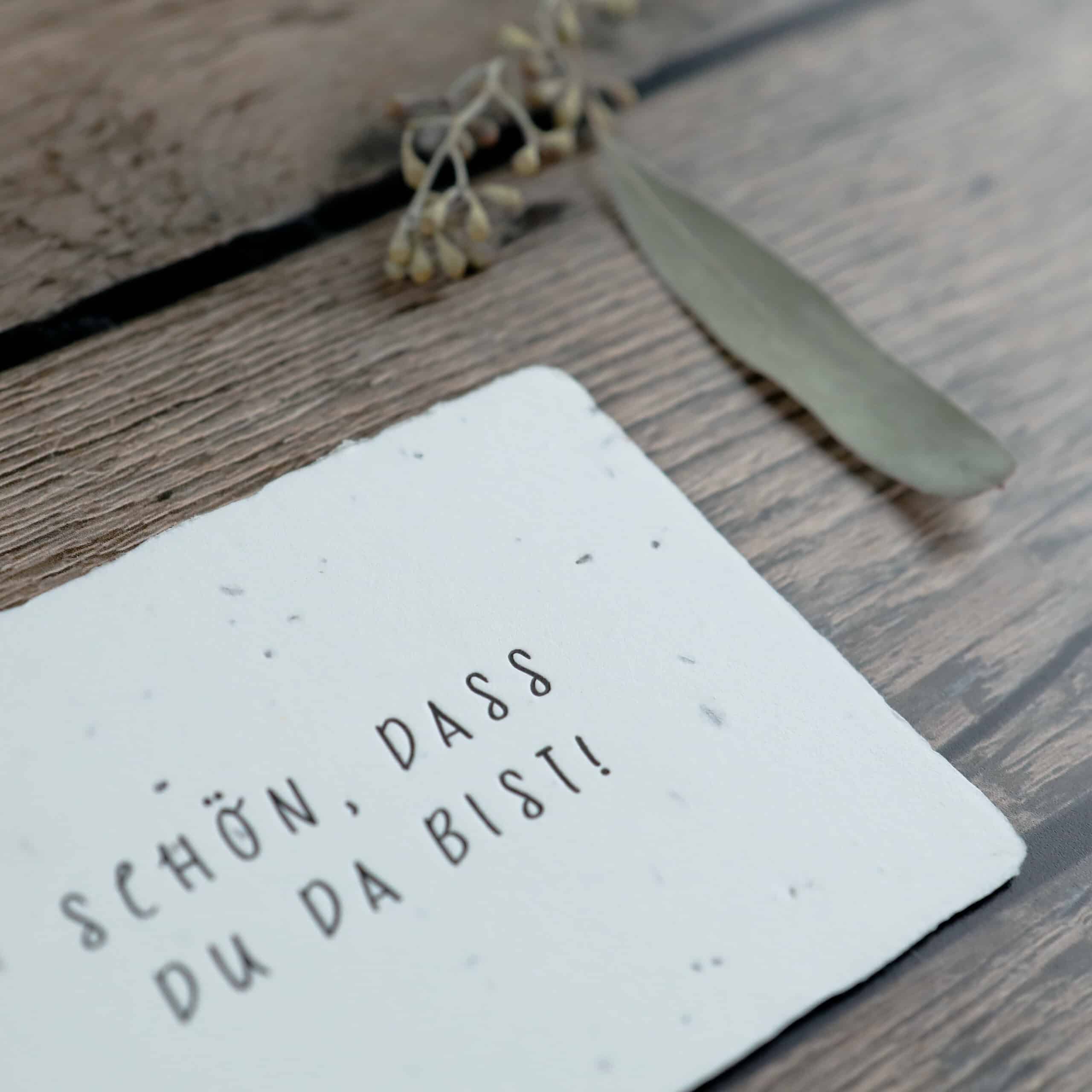 Gastgeschenk aus handgeschöpftem Saatpapier zum Einpflanzen mit Aufdruck "Schön, dass du da bist"