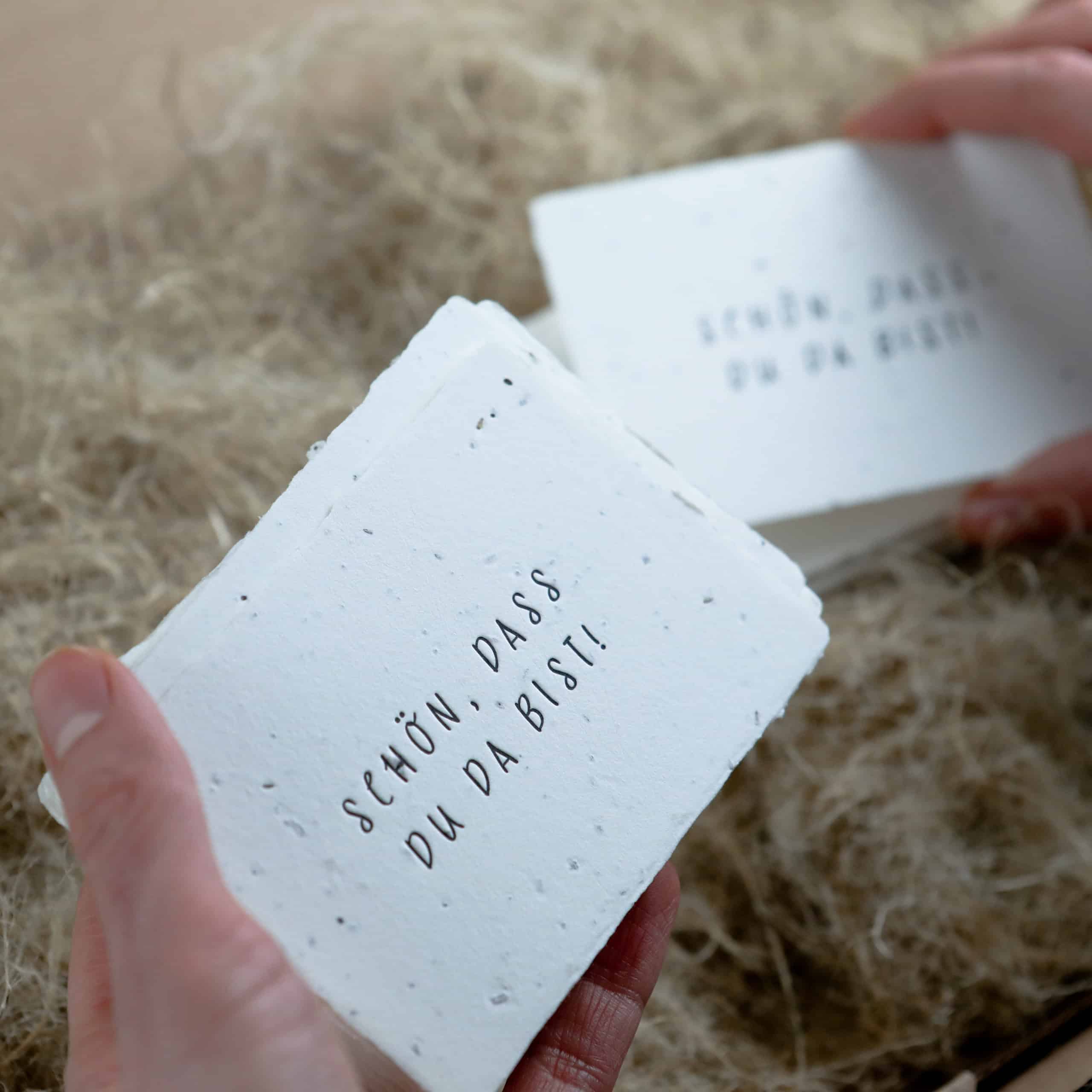 Gastgeschenk aus handgeschöpftem Saatpapier zum Einpflanzen mit Aufdruck "Schön, dass du da bist"