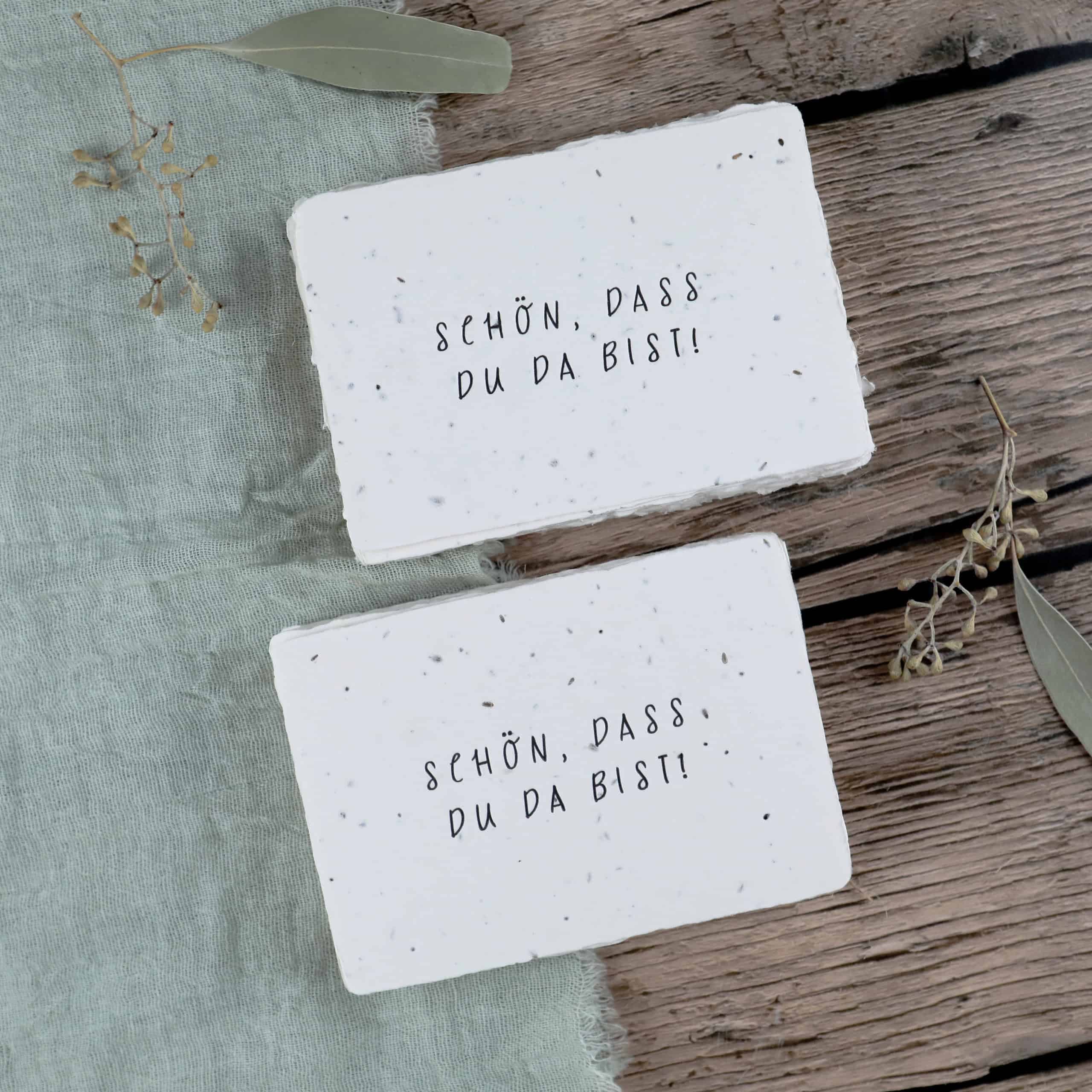 Gastgeschenk aus handgeschöpftem Saatpapier zum Einpflanzen mit Aufdruck "Schön, dass du da bist"