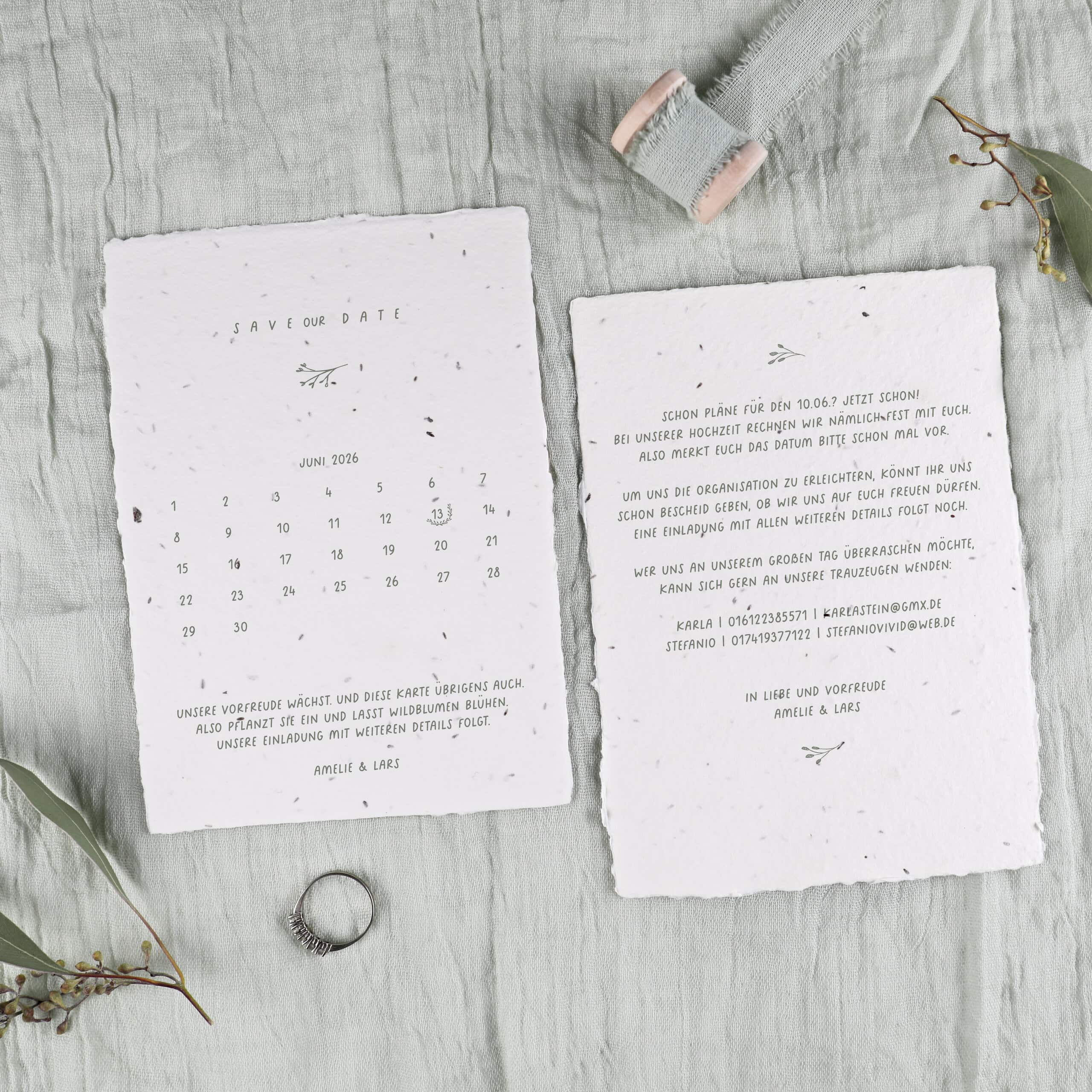 Save the Date Karte aus handgemachtem Samenpapier zur Hochzeit - nachhaltig heiraten, Blumen blühen lassen für Sommer- und Gartenhochzeit