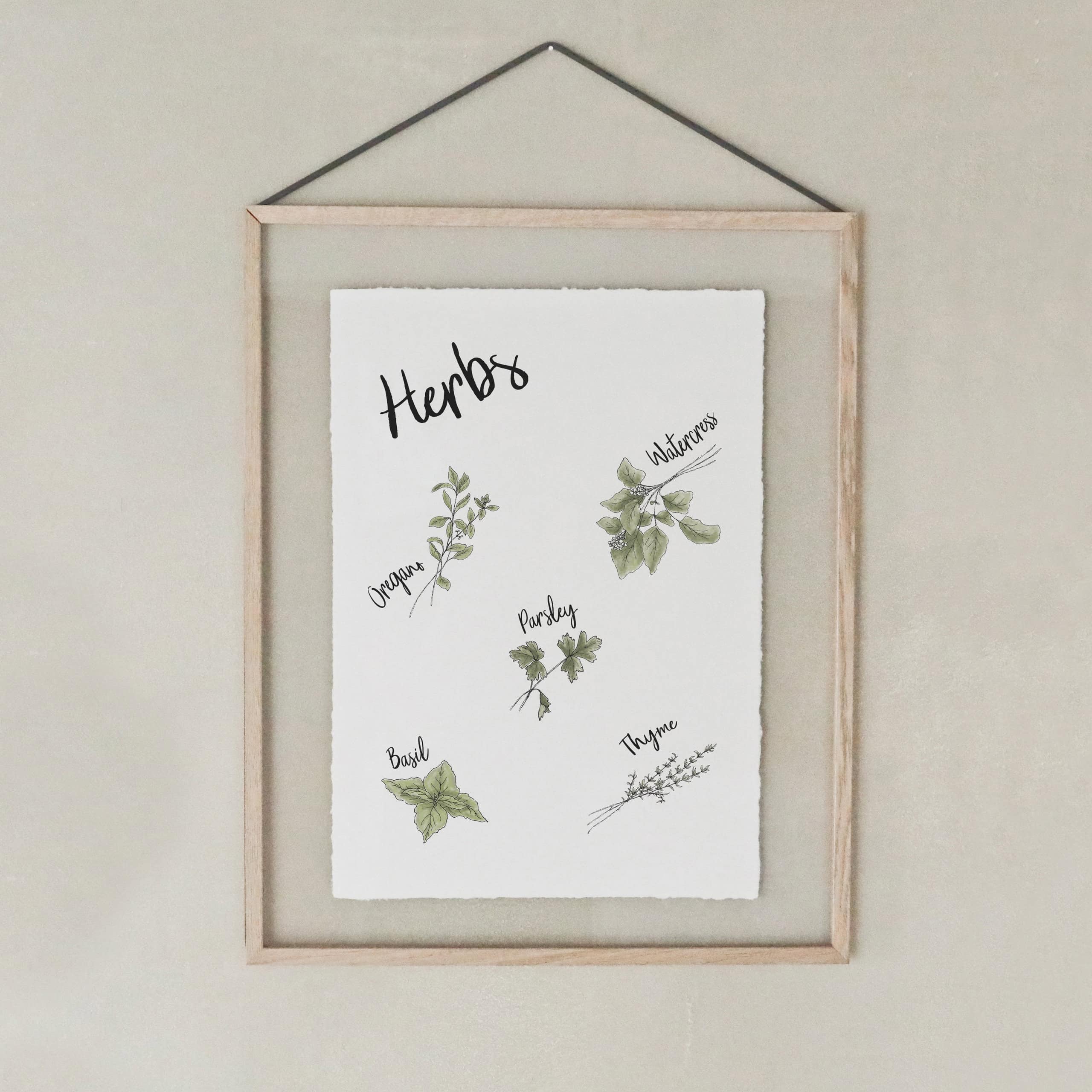 heylittlegreen-Kunstdrucke-Artprints-handgeschöpftes Büttenpapier-Küche-Kräuter-Herbs (1) Kunstdruck auf handgeschöpftem Büttenpapier mit Kräutermotiv: verschiedene Kräuter wie Thymian, Brunnenkresse, Oregano, Basilikum und Petersilie; nachhaltiger Artprint