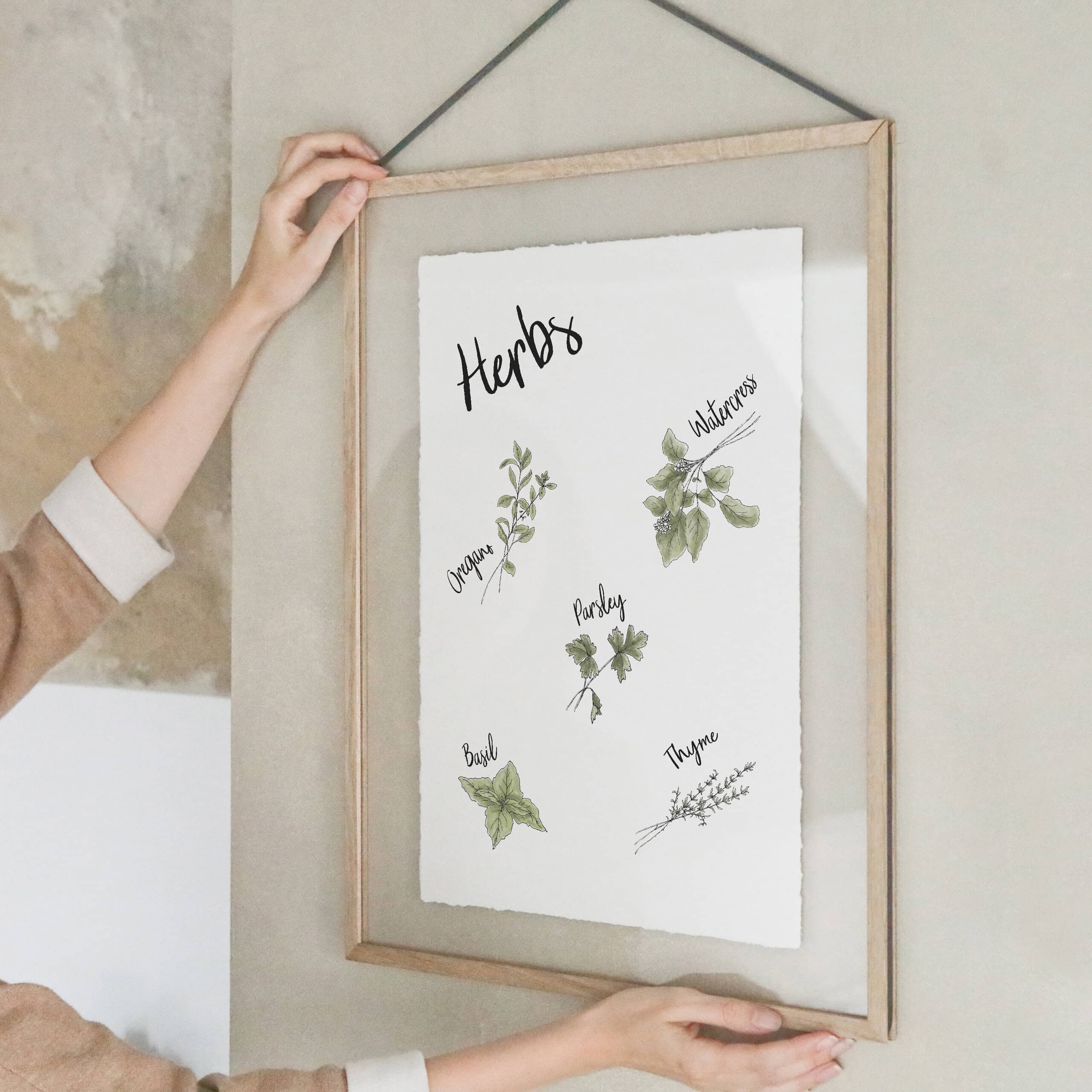 heylittlegreen-Kunstdrucke-Artprints-handgeschöpftes Büttenpapier-Küche-Kräuter-Herbs (2) Kunstdruck auf handgeschöpftem Büttenpapier mit Kräutermotiv: verschiedene Kräuter wie Thymian, Brunnenkresse, Oregano, Basilikum und Petersilie; nachhaltiger Artprint