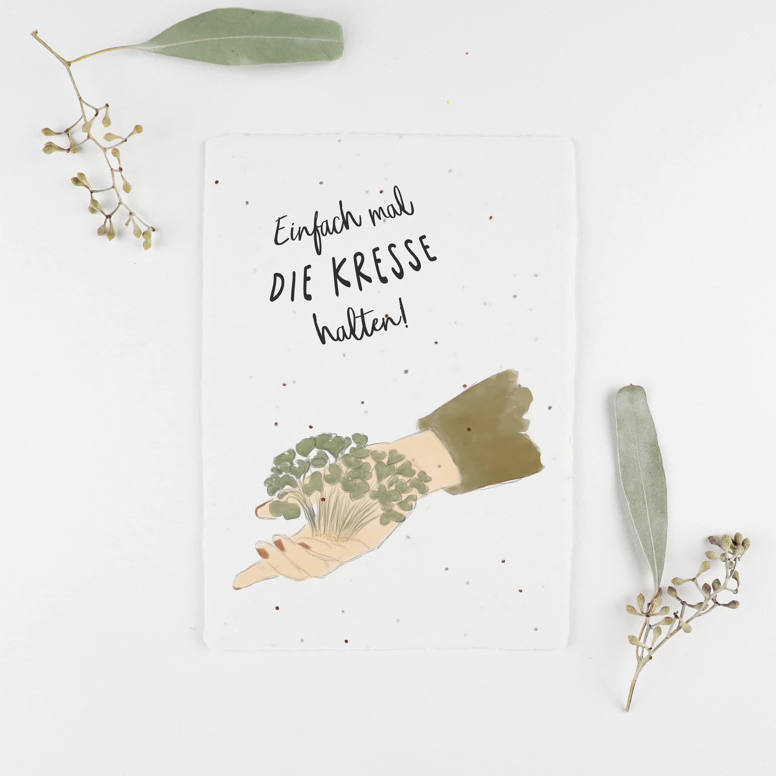 Samenkarte mit Brunnenkresse "Froschkönig" Saatgut, Humorvolle Karte mit Motiv einer Hand, die Kresse hält und Spruch "Einfach mal die Kresse halten"