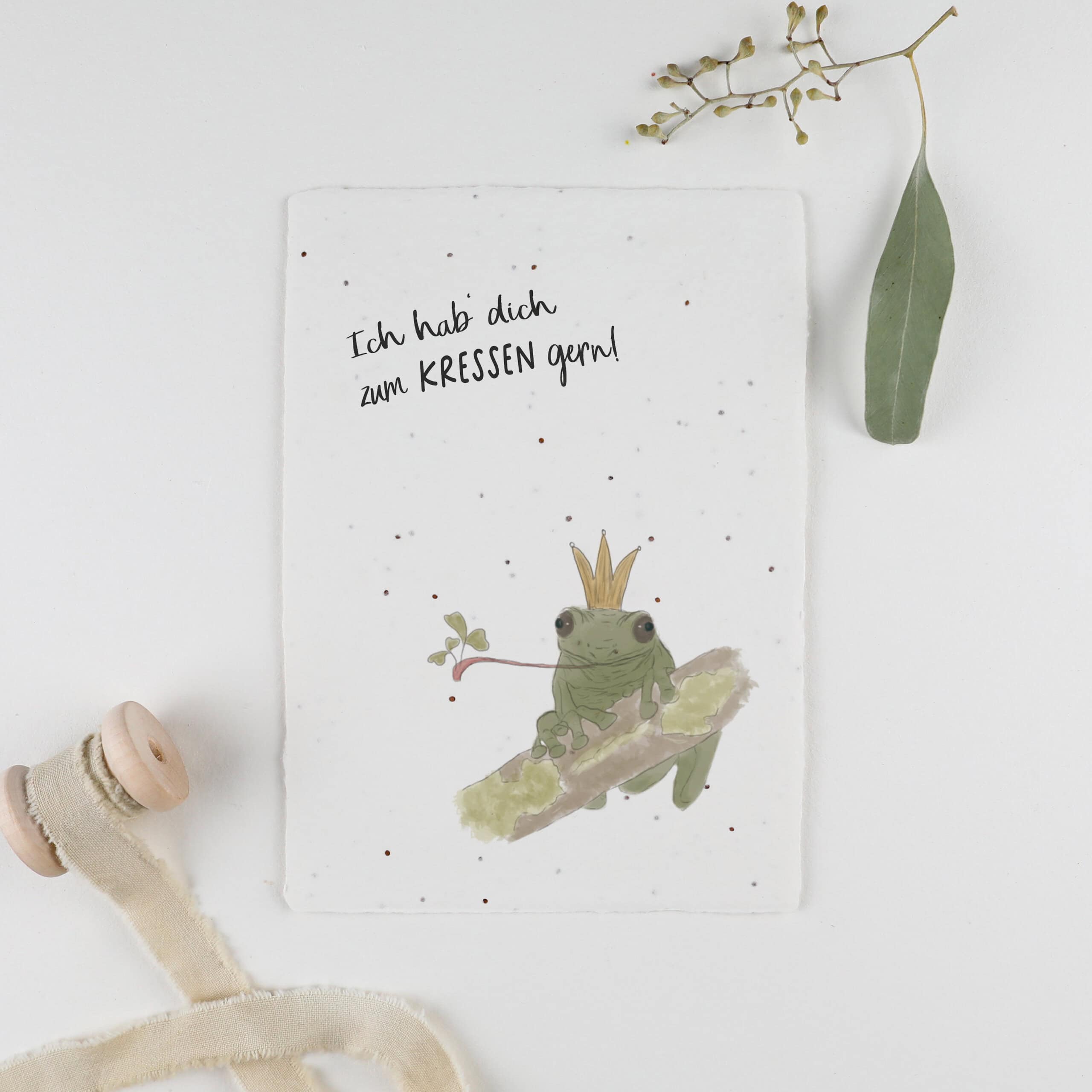 Samenkarte mit Brunnenkresse "Froschkönig" Saatgut, Humorvolle Karte mit Motiv von Froschkönig und Spruch "Ich hab dich zum Kressen gern"