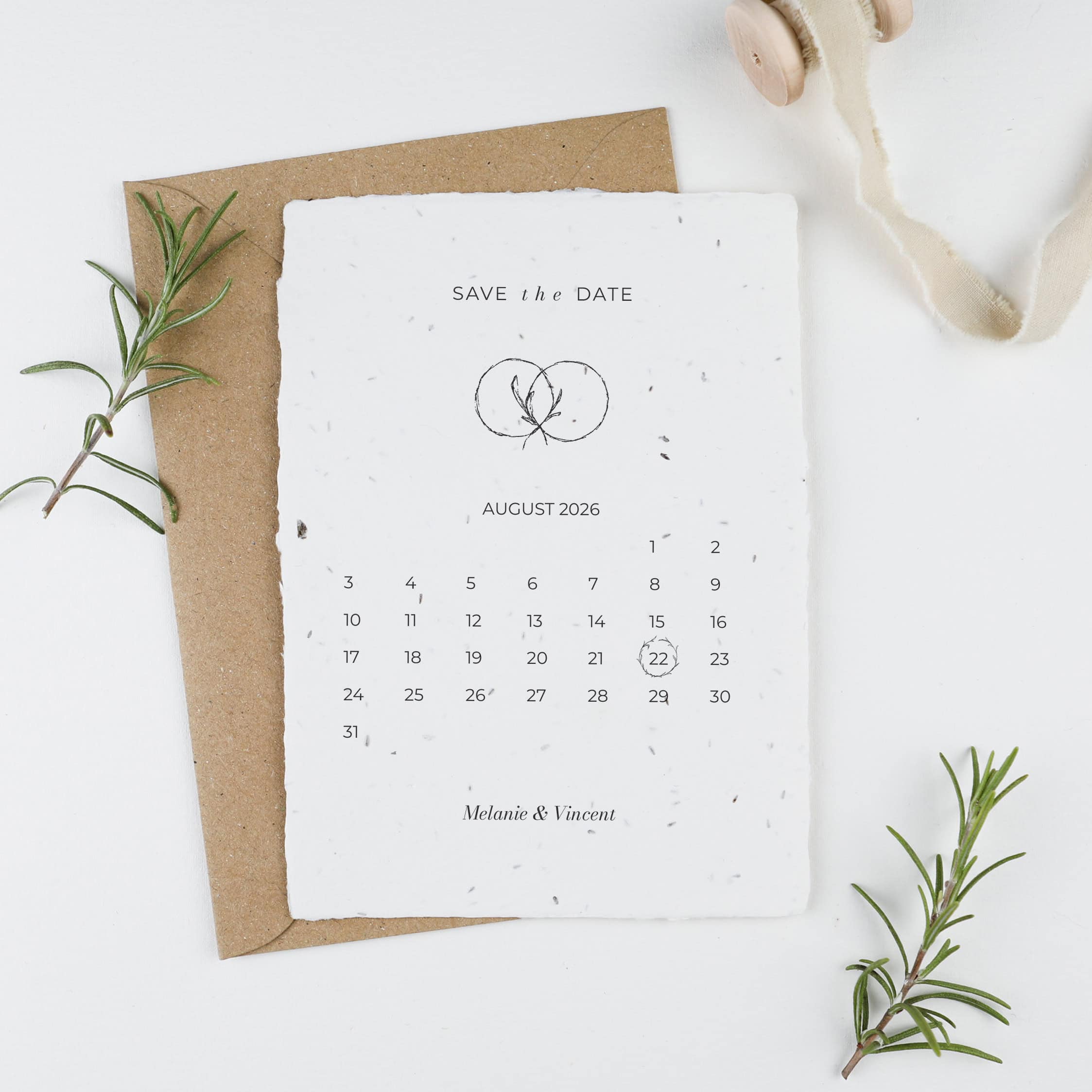 Samenpapier-Save the Date-Karte zum Einpflanzen nach der Hochzeit, nachhaltig heiraten mit handgeschöpftem Papier, aus dem Blumen wachsen