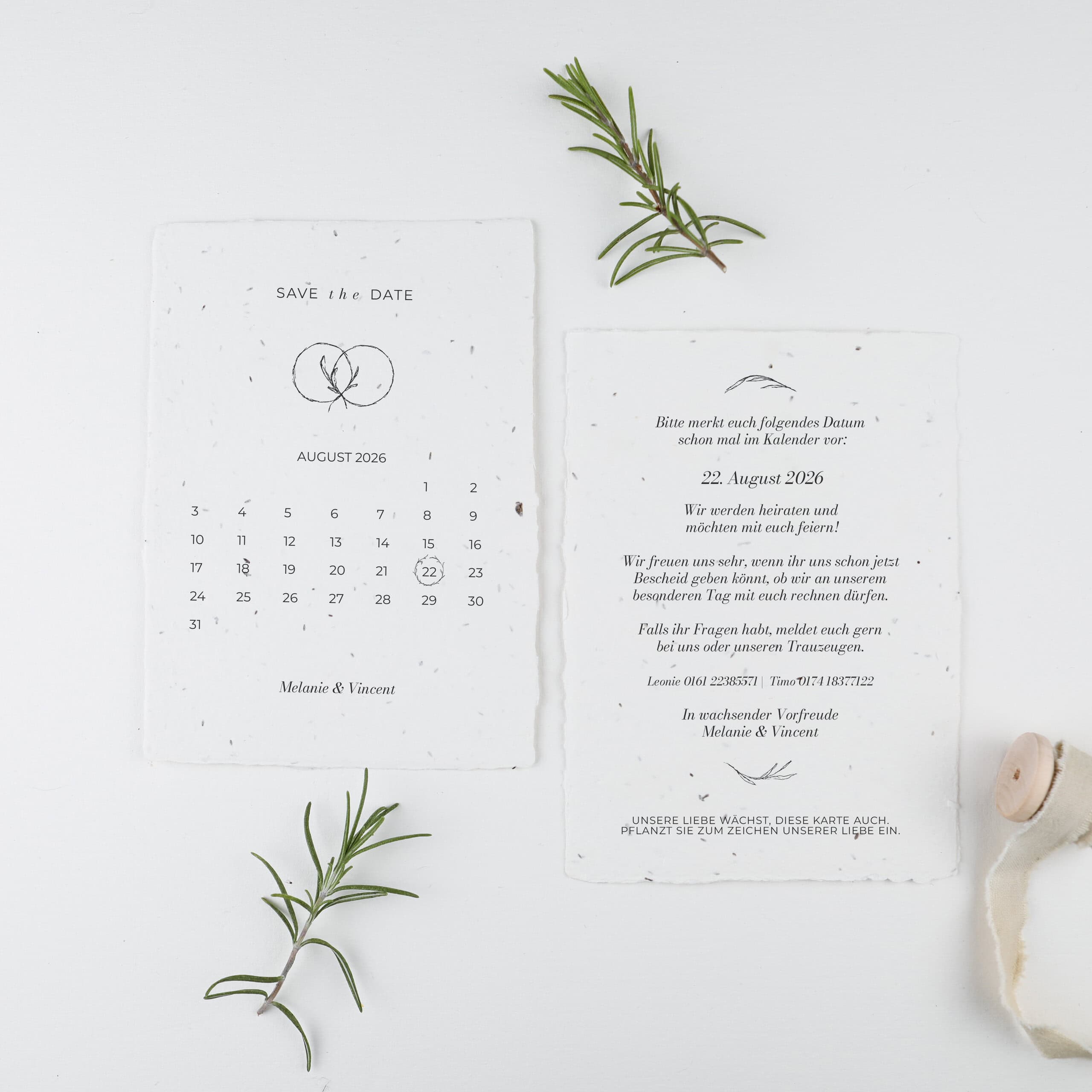 Samenpapier-Save the Date-Karte zum Einpflanzen nach der Hochzeit, nachhaltig heiraten mit handgeschöpftem Papier, aus dem Blumen wachsen