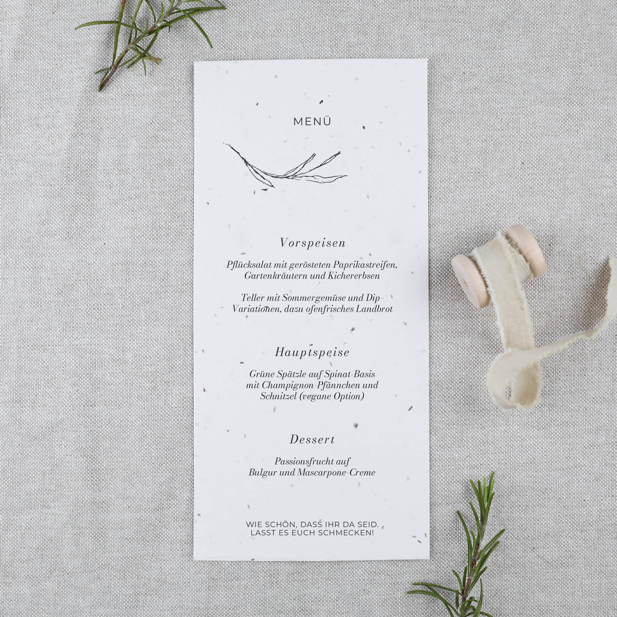 Einpflanzbare Menükarte aus Wildblumen-Saatpapier für eure Hochzeitsfeier
