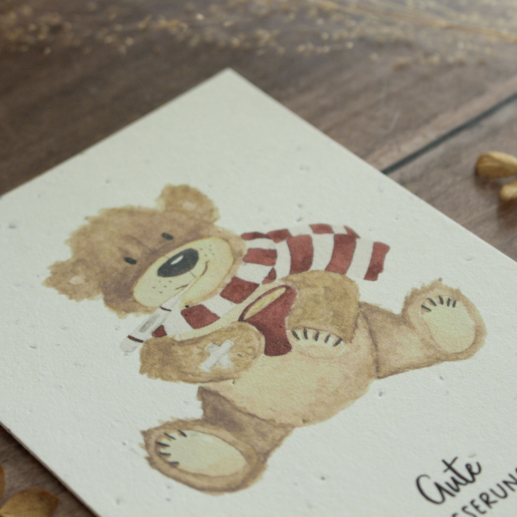 heylittlegreen-handgeschöpftes Saatpapier-Genesung-Gute Besserung (2) Genesungskarte Gute Besserung aus Saatpapier mit Teddybär