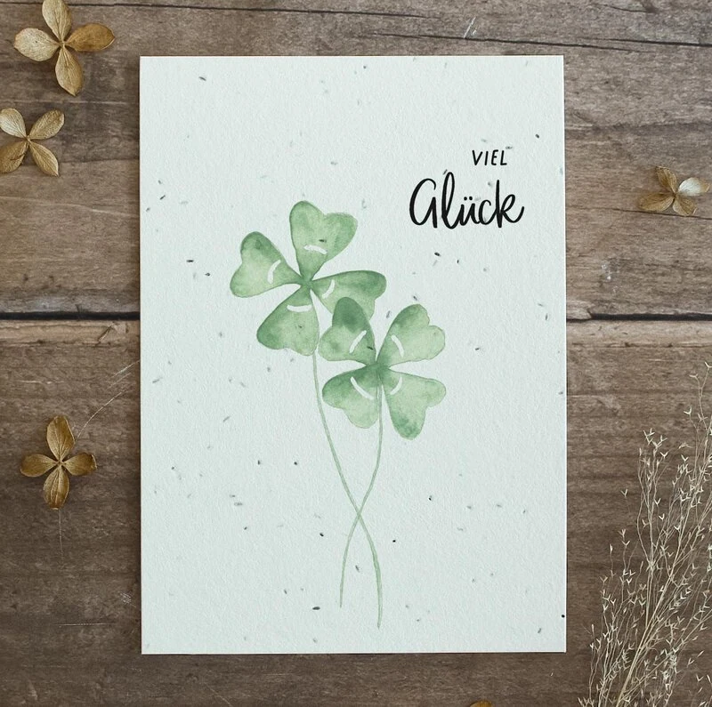 Einpflanzbare Karte aus Saatpapier mit Kleeblatt zum viel Glück wünschen