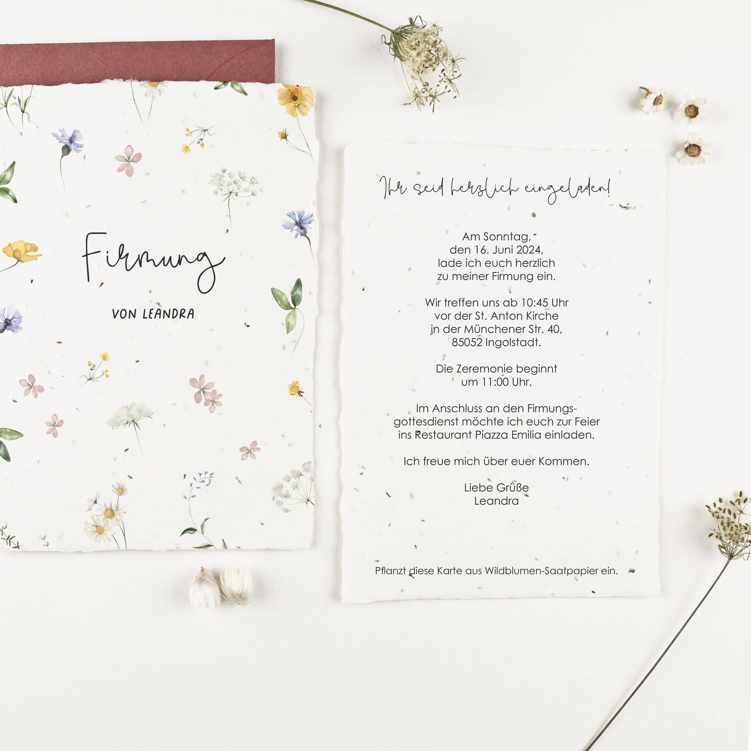 Einladung zur Firmung auf handgeschöpftem Saatpapier mit Wildblumensamen und Blumenmuster