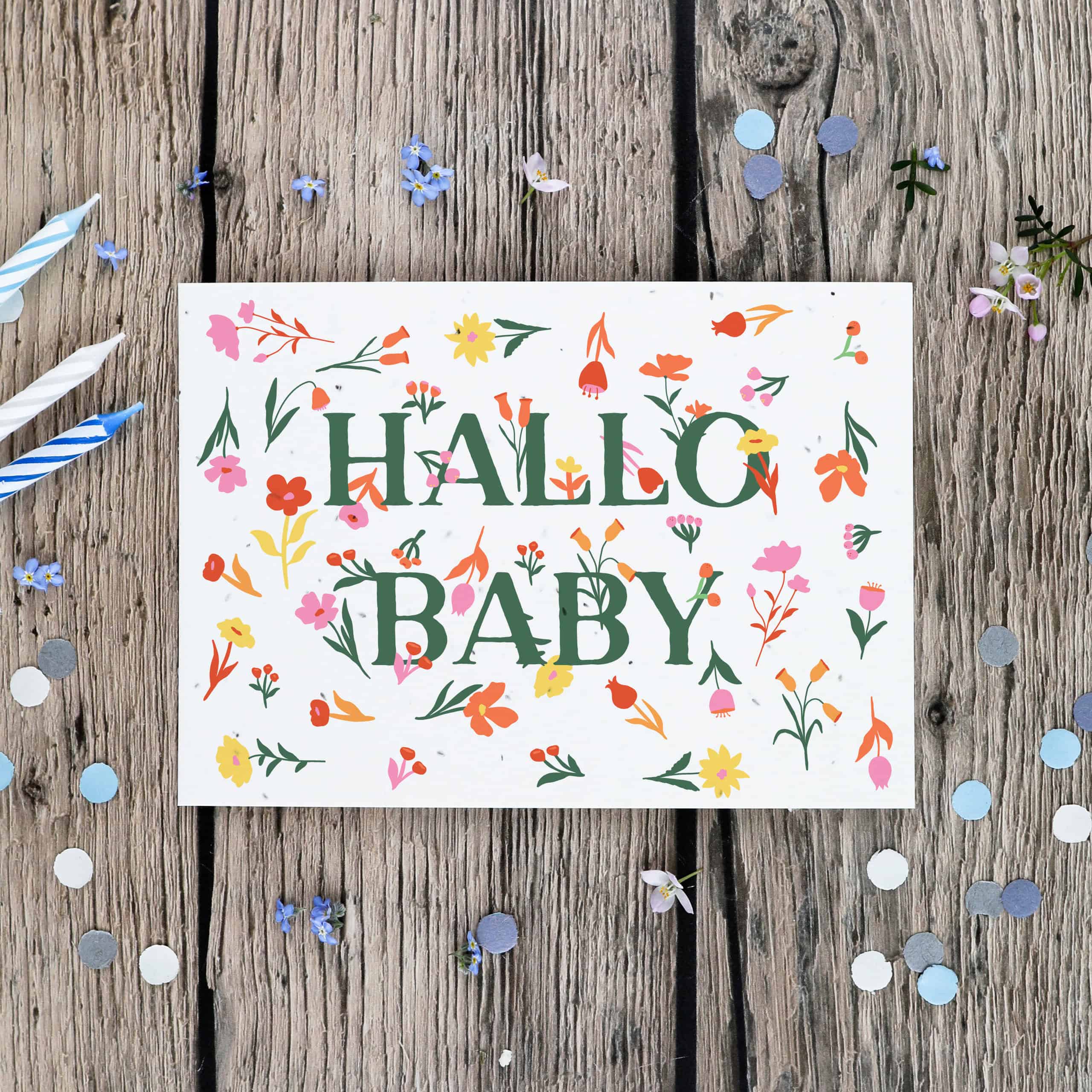 Geburtskarte zum Glückwunsch zur Geburt mit bunten Blumen und Hallo Baby