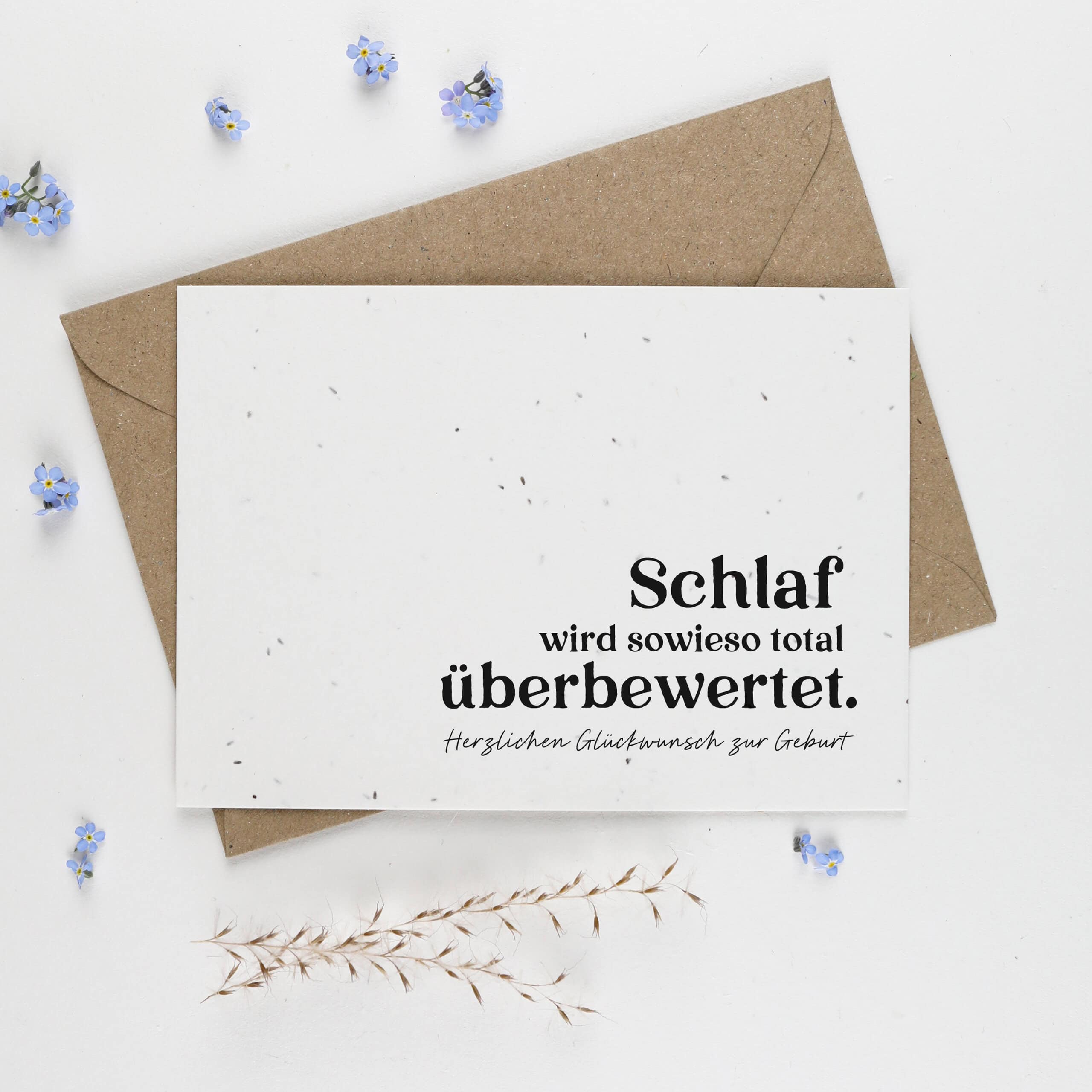 heylittlegreen-handgeschöpftes Saatpapier-Geburtskarten-Gratulation zur Geburt-Samenkarte-Glückwunschkarte-Geburt-Schlaf wird überbewertet Schlaf wird sowieso total überbewertet - Herzlichen Glückwunsch zur Geburt, Gratulation zur Geburt mit Samenpapier