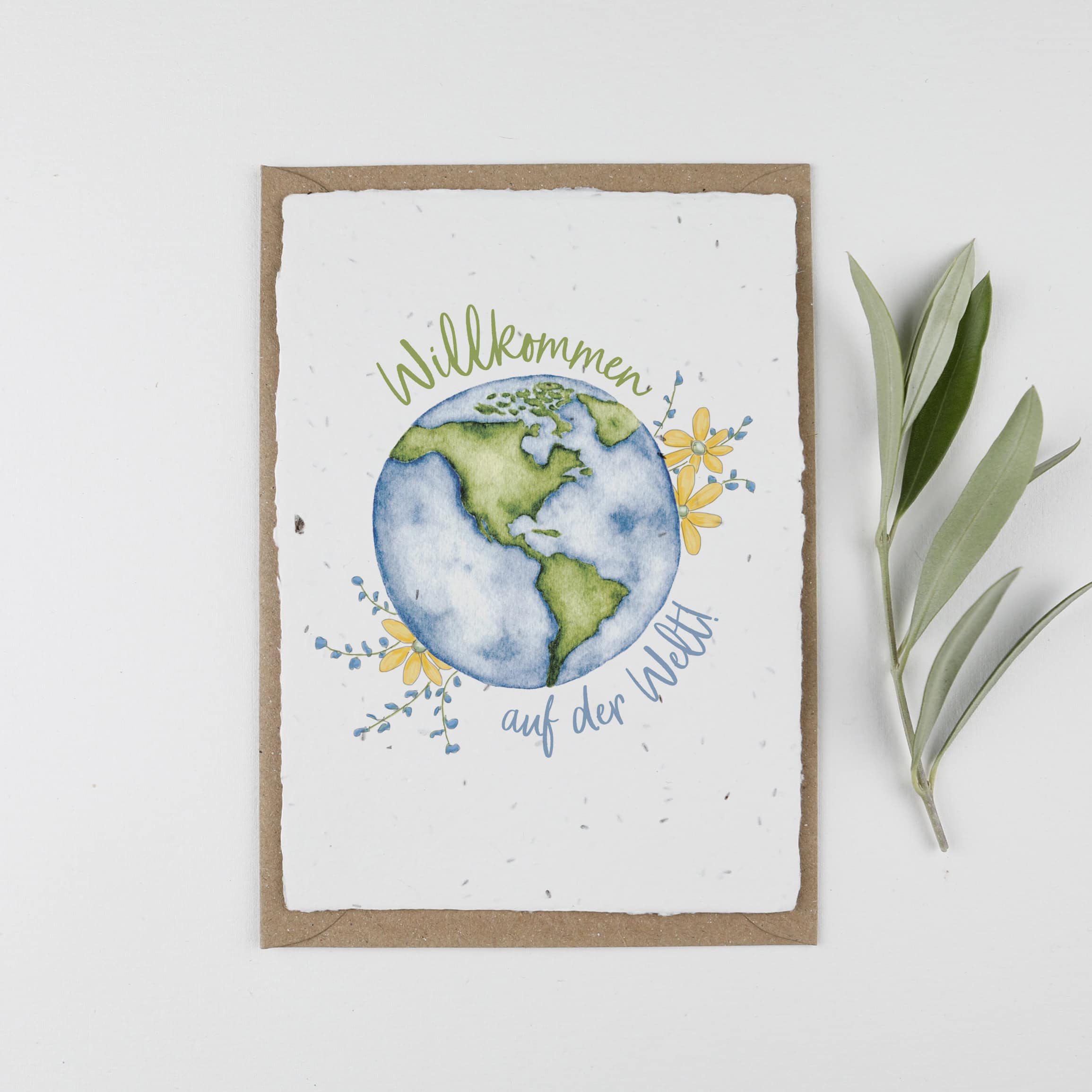 heylittlegreen-handgeschöpftes Saatpapier-Geburtskarten-Gratulation zur Geburt-Samenkarte-Glückwunschkarte-Geburt-Willkommen (1) Geburtskarte mit Weltkugel und Spruch "Willkommen auf der Welt"