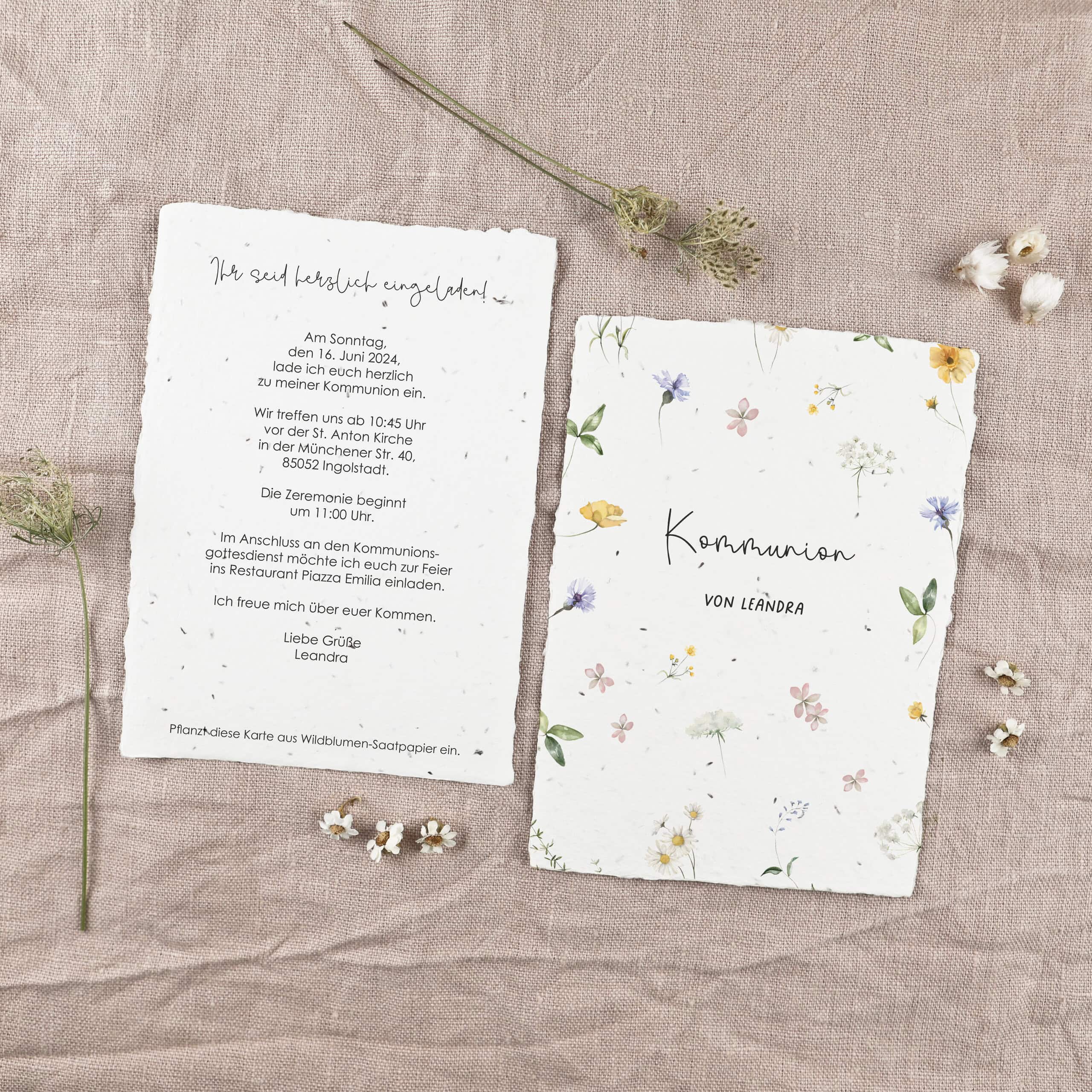 Nachhaltige Einladung zur Kommunion auf Samenpapier, umweltbewusste kirchliche Feste mit der Symbolik von Wachsen und Gedeihen, Wildblumen-Samenpapier für Kommunion