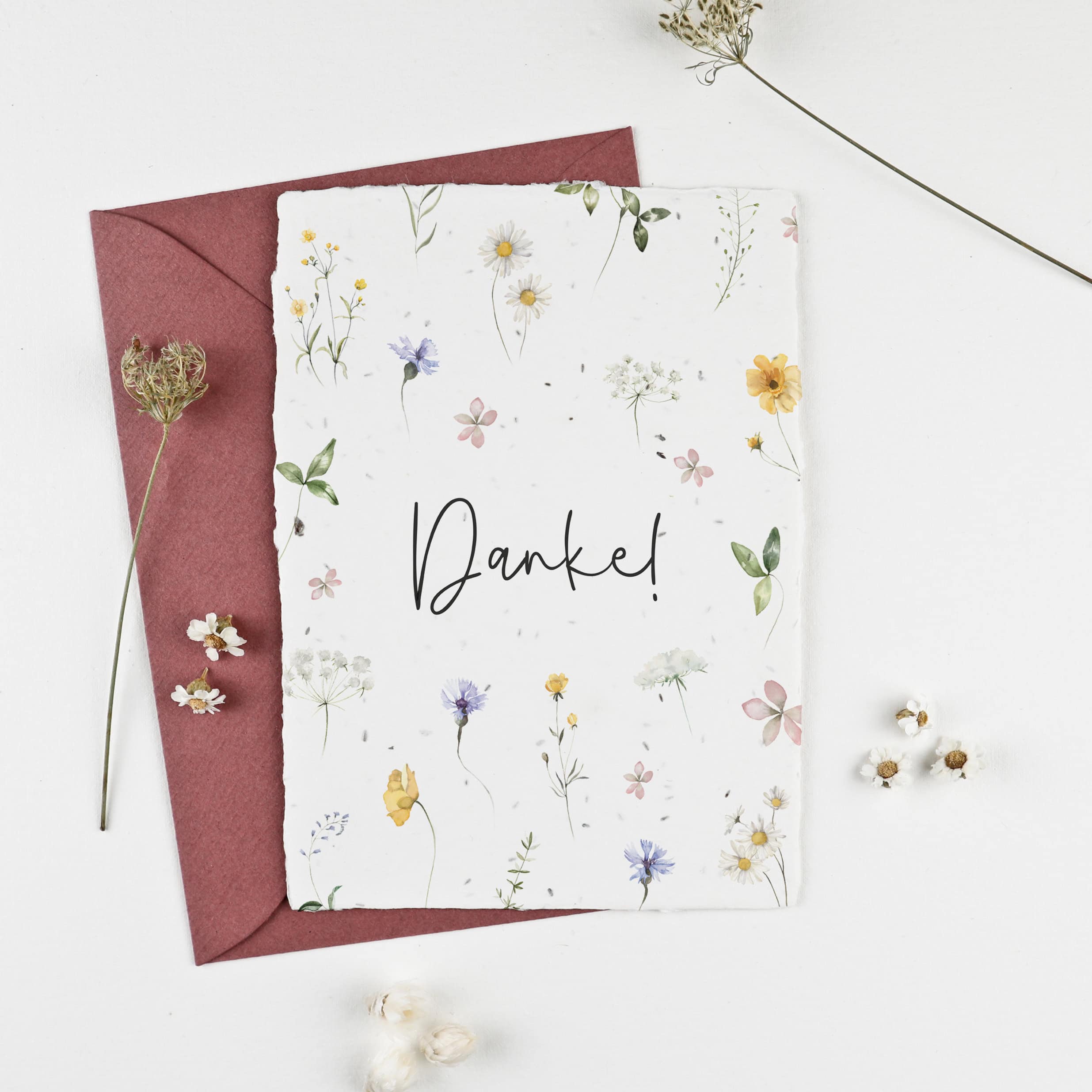 Dankeskarte zum Einpflanzen mit Blumenmotiv und Aufschrift "Danke" für Danksagung zur Hochzeit oder für andere Feiern