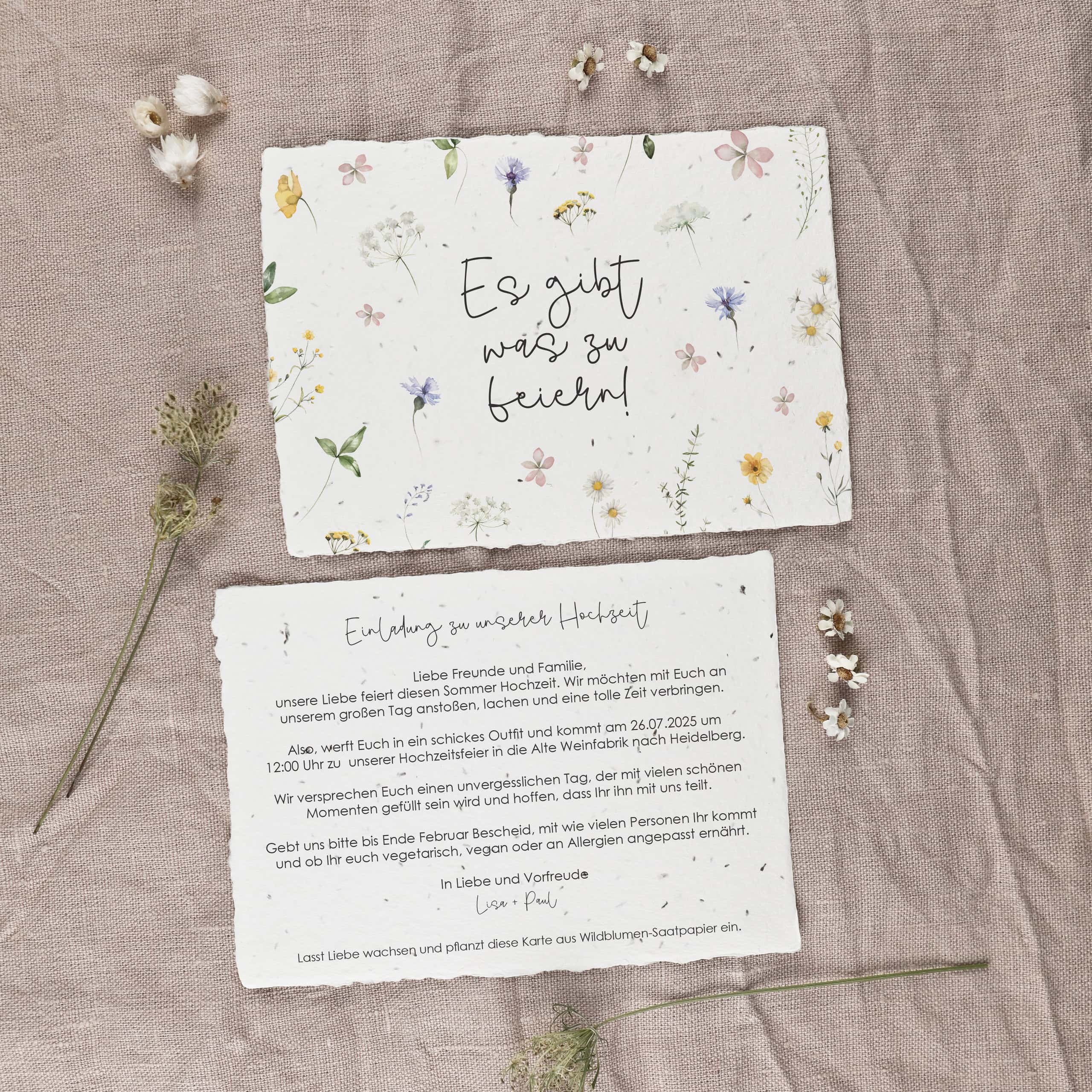 Hochzeitseinladung mit Blumenmotiv auf Samenpapier, Einpflanzbare Einladungskarte für eure nachhaltige Sommerhochzeit, Einladung Gartenhochzeit, Moderne Hochzeit, Green Wedding