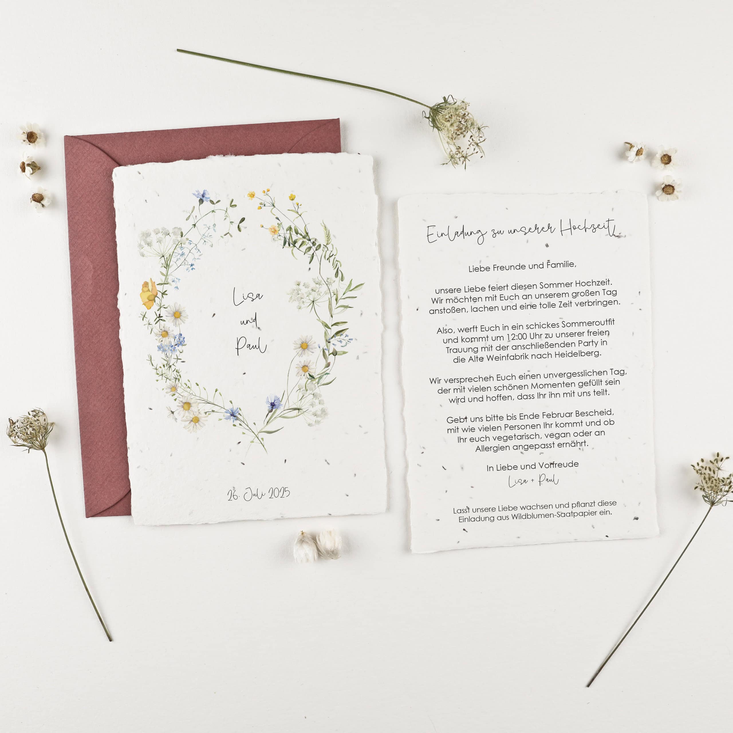 Nachhaltige Hochzeitseinladung zum Einpflanzen aus der floralen Serie "Wildflower", Bunte Blumen treffen auf verspieltes Design für eure nachhaltige Hochzeitsfeier