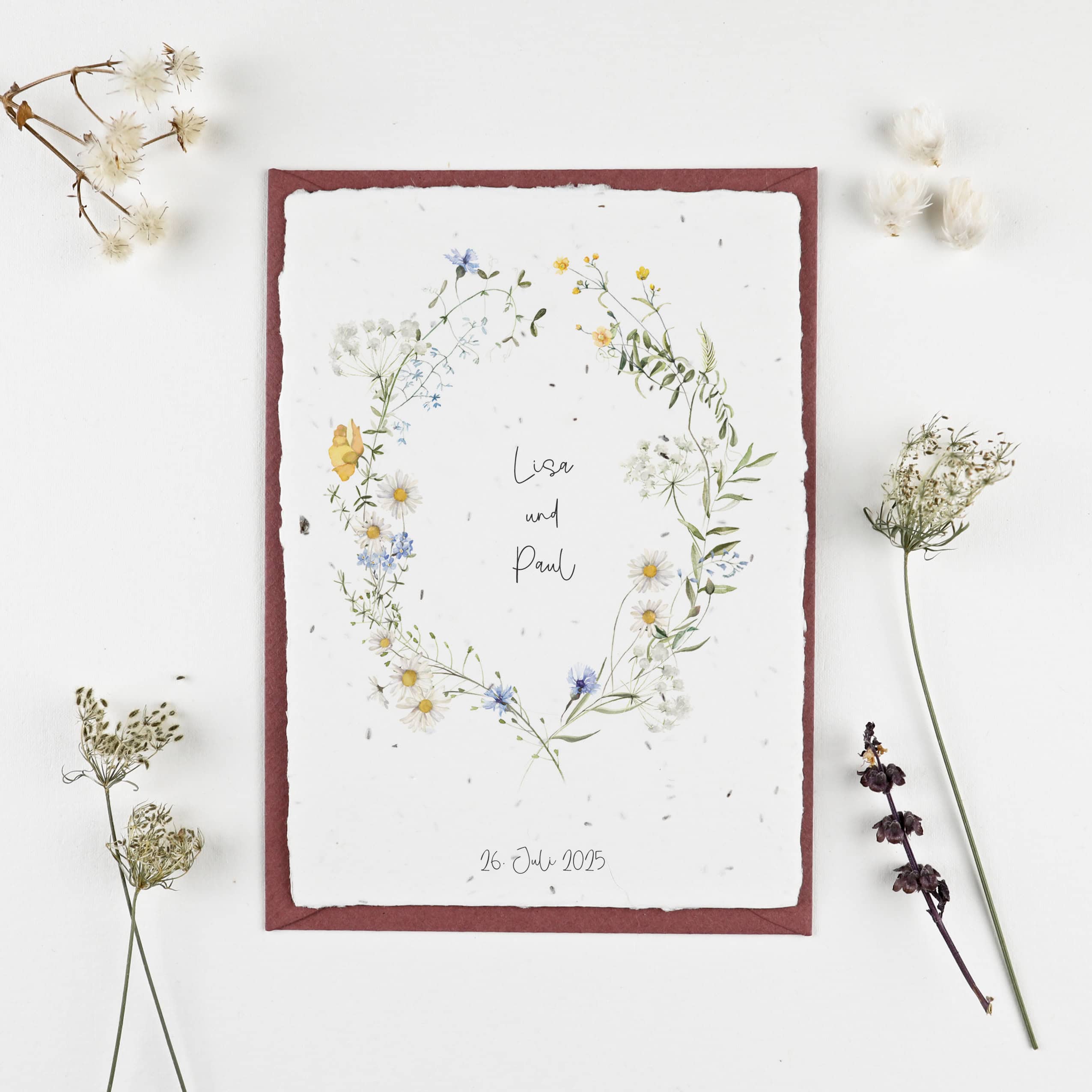 Hochzeitseinladung mit Blumenmotiv auf Samenpapier, Einpflanzbare Einladungskarte für eure nachhaltige Sommerhochzeit, Einladung Gartenhochzeit, Moderne Hochzeit, Green Wedding