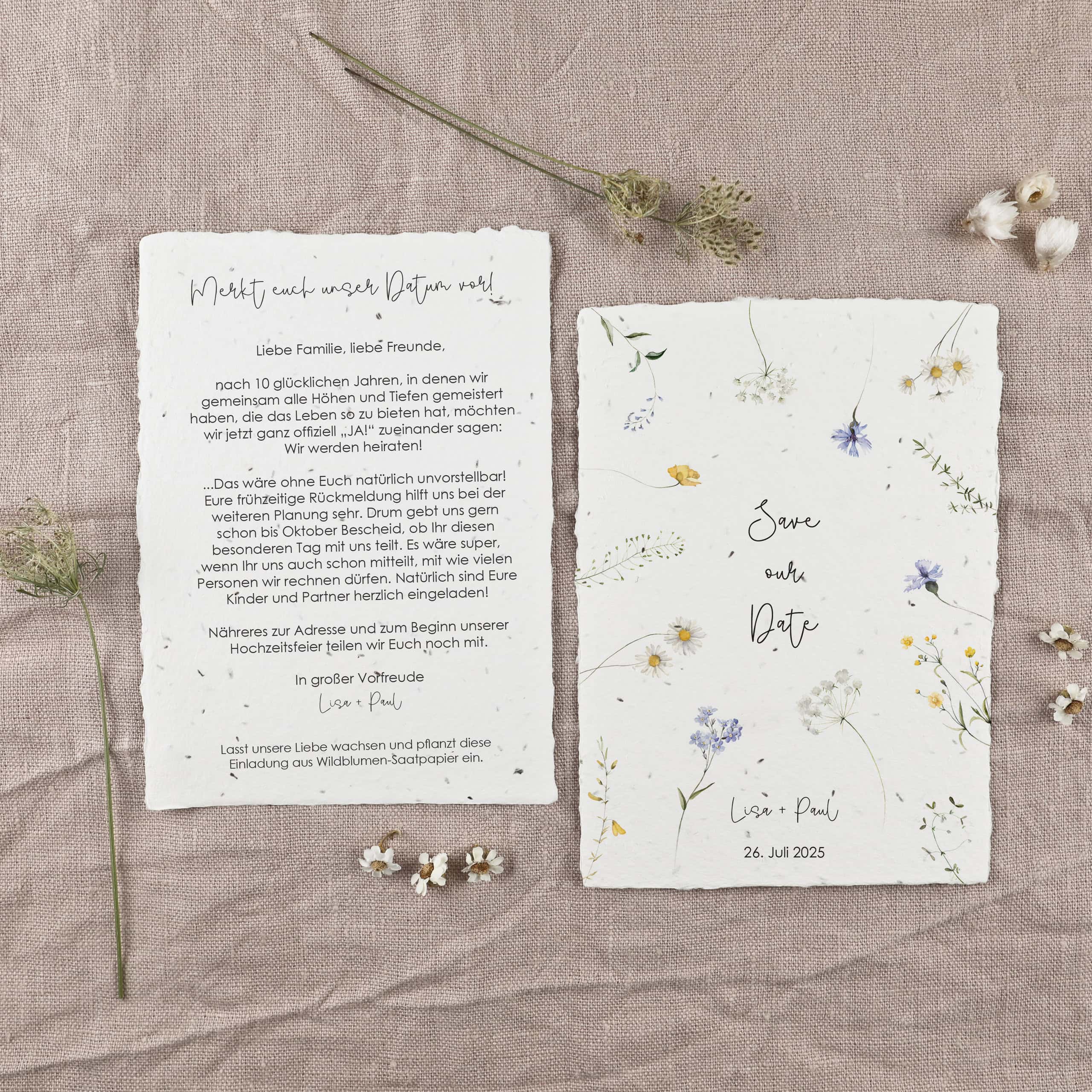 Einpflanzbare Save the Date Karte, Hochzeitseinladung auf Samenpapier, Handgeschöpftes Büttenpapier mit Wildblumen-Samen für eure nachhaltige Feier, Blumenmotive, bunte Blümchen, zarte Blumen, Wildblumen