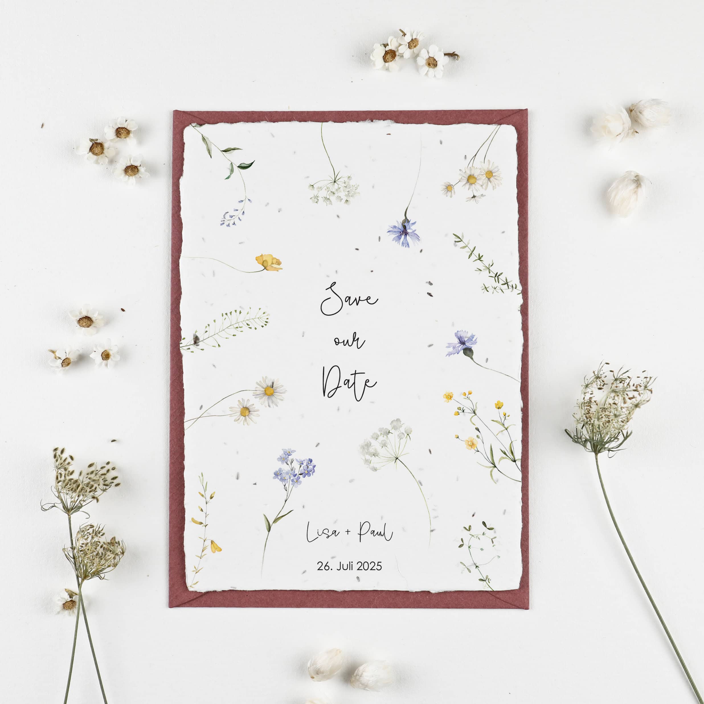 Hochzeitseinladung mit Blumenmotiv auf Samenpapier, Einpflanzbare Einladungskarte für eure nachhaltige Sommerhochzeit, Einladung Gartenhochzeit, Moderne Hochzeit, Green Wedding, Save the Date