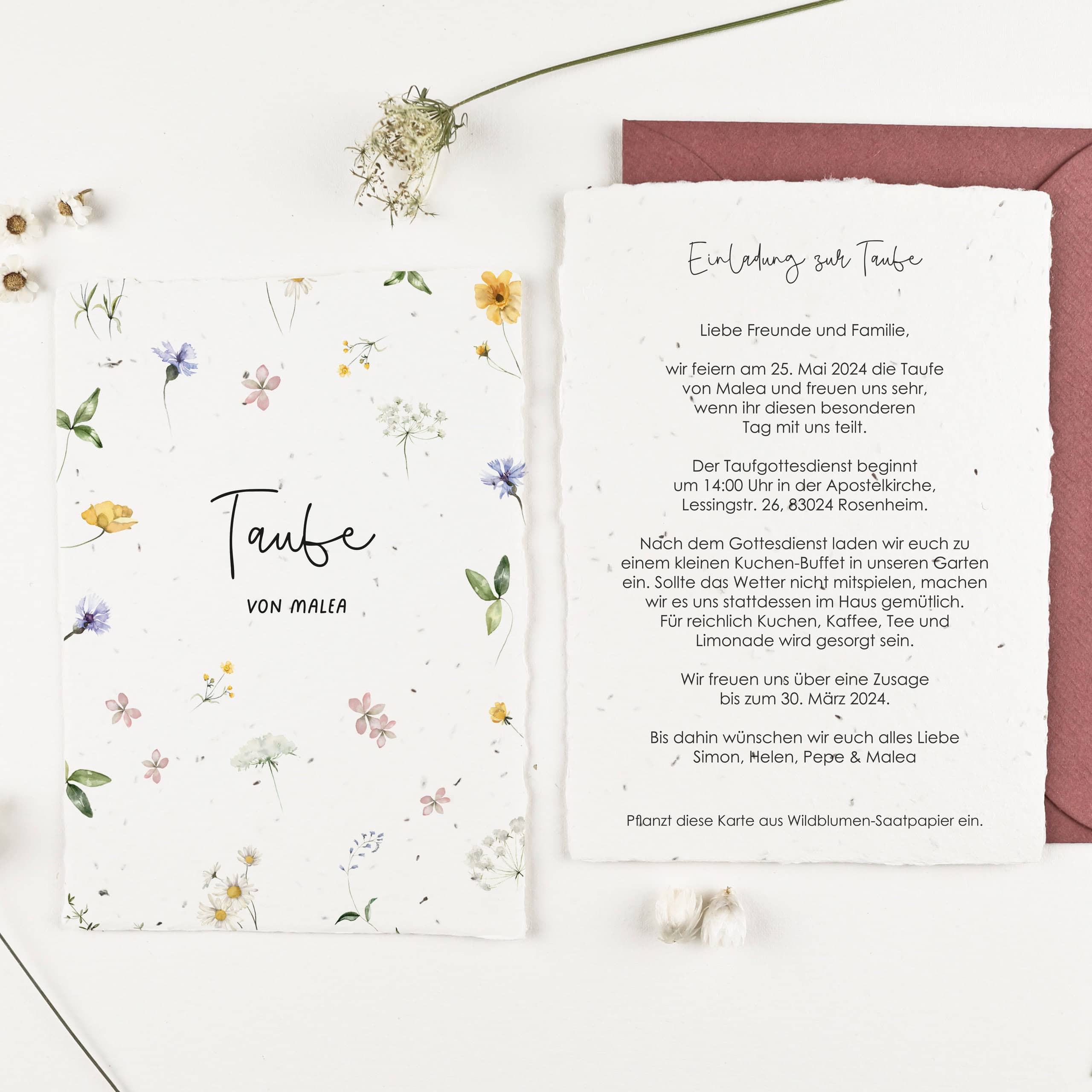 heylittlegreen-handgeschöpftes Saatpapier-nachhaltige Papeterie-Taufeinladung auf Samenpapier-Einladung zur Taufe-Kirchliche Feste (1) Taufeinladung gefertigt auf handgeschöpftem Büttenpapier mit Wildblumensamen, Einladung zur Taufe auf Samenpapier
