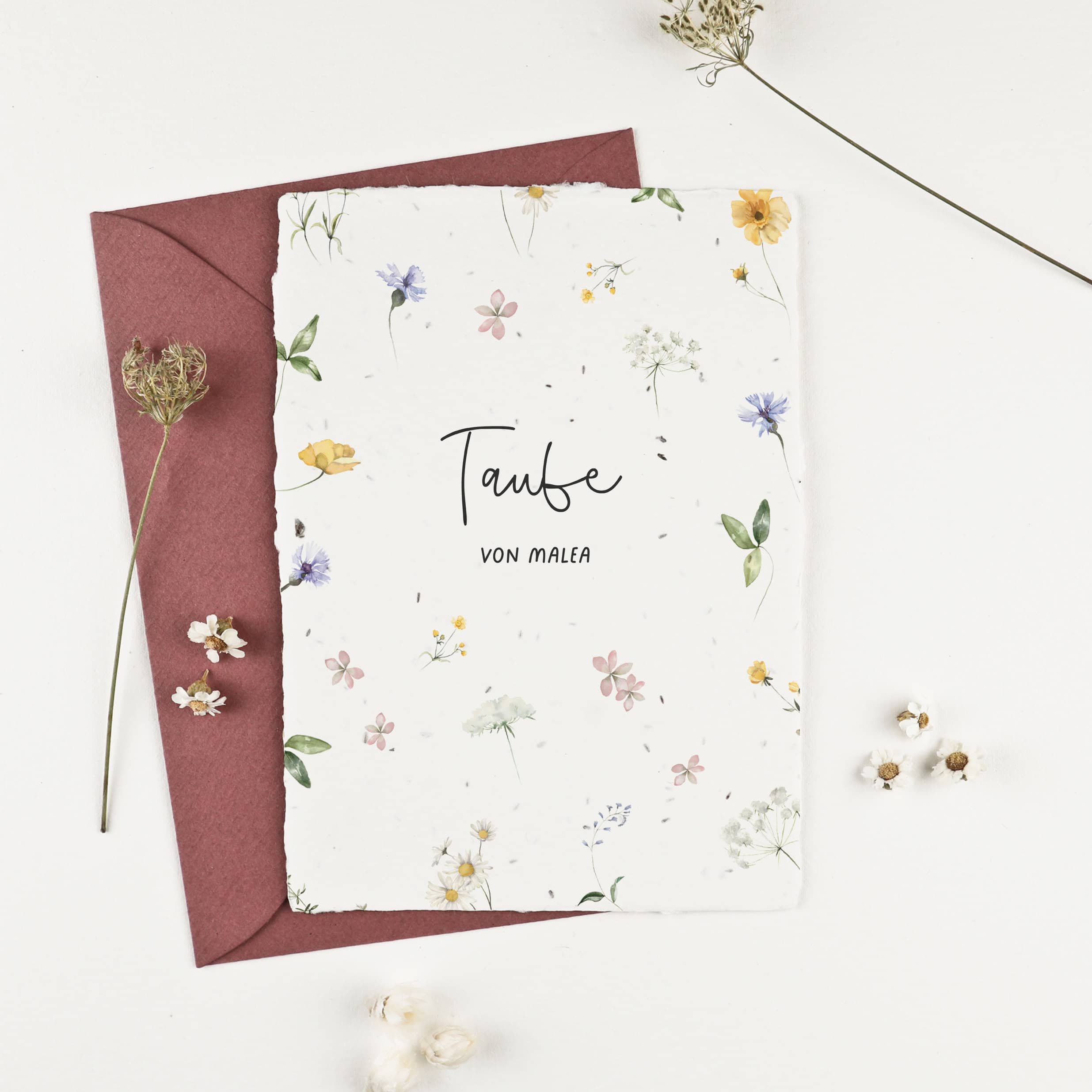 heylittlegreen-handgeschöpftes Saatpapier-nachhaltige Papeterie-Taufeinladung auf Samenpapier-Einladung zur Taufe-Kirchliche Feste (2) Taufeinladung gefertigt auf handgeschöpftem Büttenpapier mit Wildblumensamen, Einladung zur Taufe auf Samenpapier