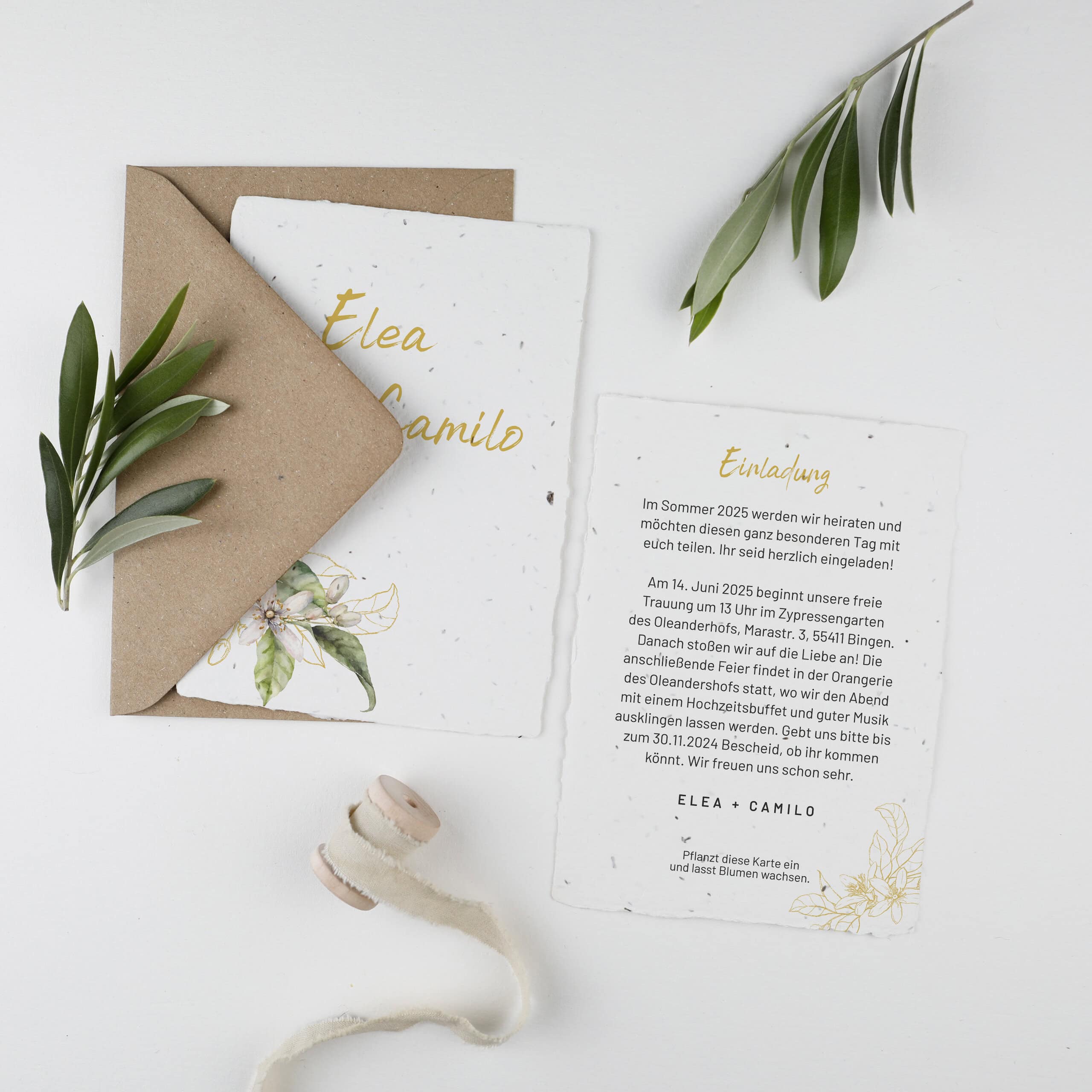 heylittlegreen-handgeschöpftes Saatpapier-nachhaltig heiraten-Hochzeitspapeterie aus Samenpapier-Einladung-mediterrane Papeterie Limone-Zitrone (1) Mediterrane Hochzeitspapeterie aus der Serie "Limone" mit Zitronenmotiv, nachhaltig heiraten und zur Hochzeit einladen mit handgeschöpftem Saatpapier