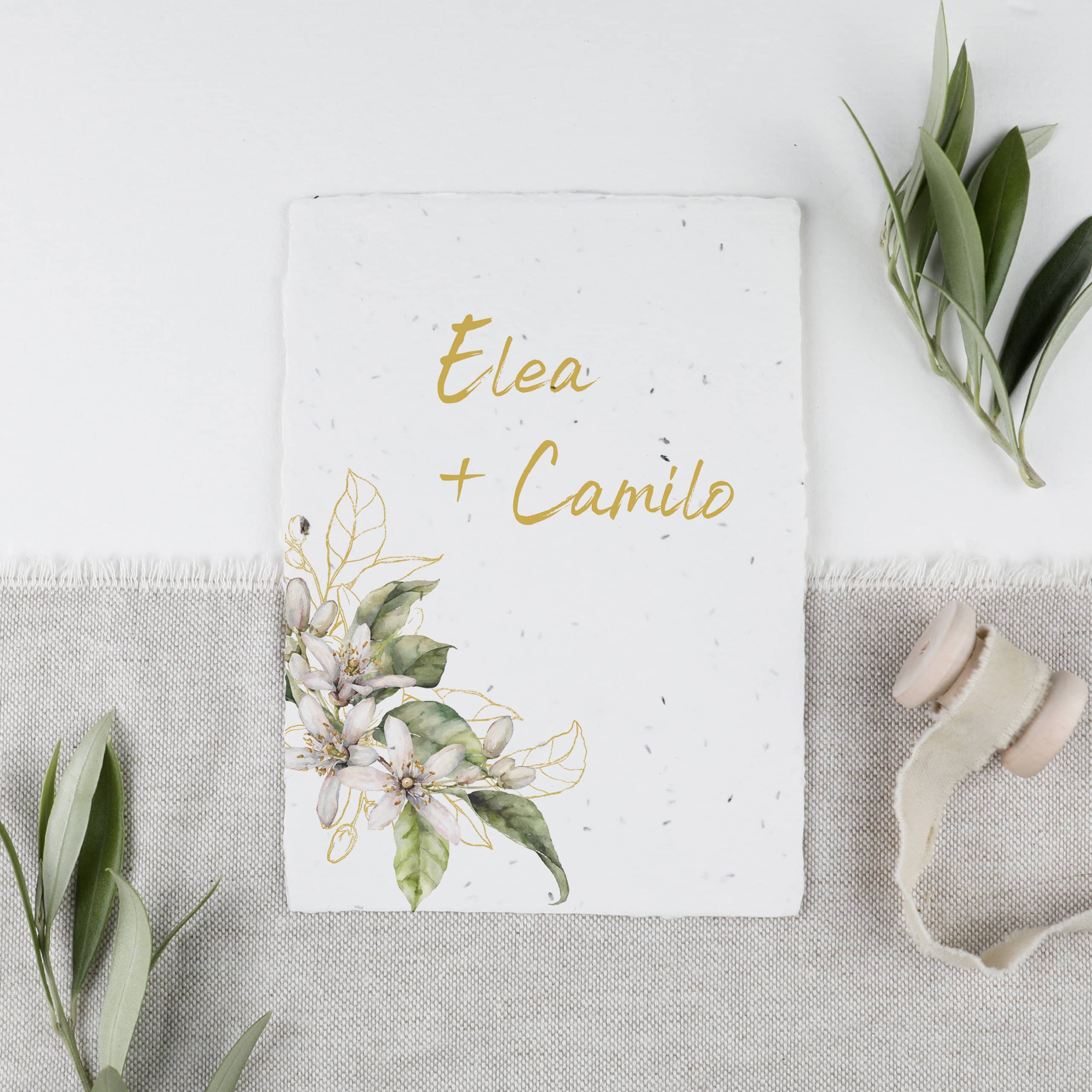 heylittlegreen-handgeschöpftes Saatpapier-nachhaltig heiraten-Hochzeitspapeterie aus Samenpapier-Einladung-mediterrane Papeterie Limone-Zitrone (2) Mediterrane Hochzeitspapeterie aus der Serie "Limone" mit Zitronenmotiv, nachhaltig heiraten und zur Hochzeit einladen mit handgeschöpftem Saatpapier