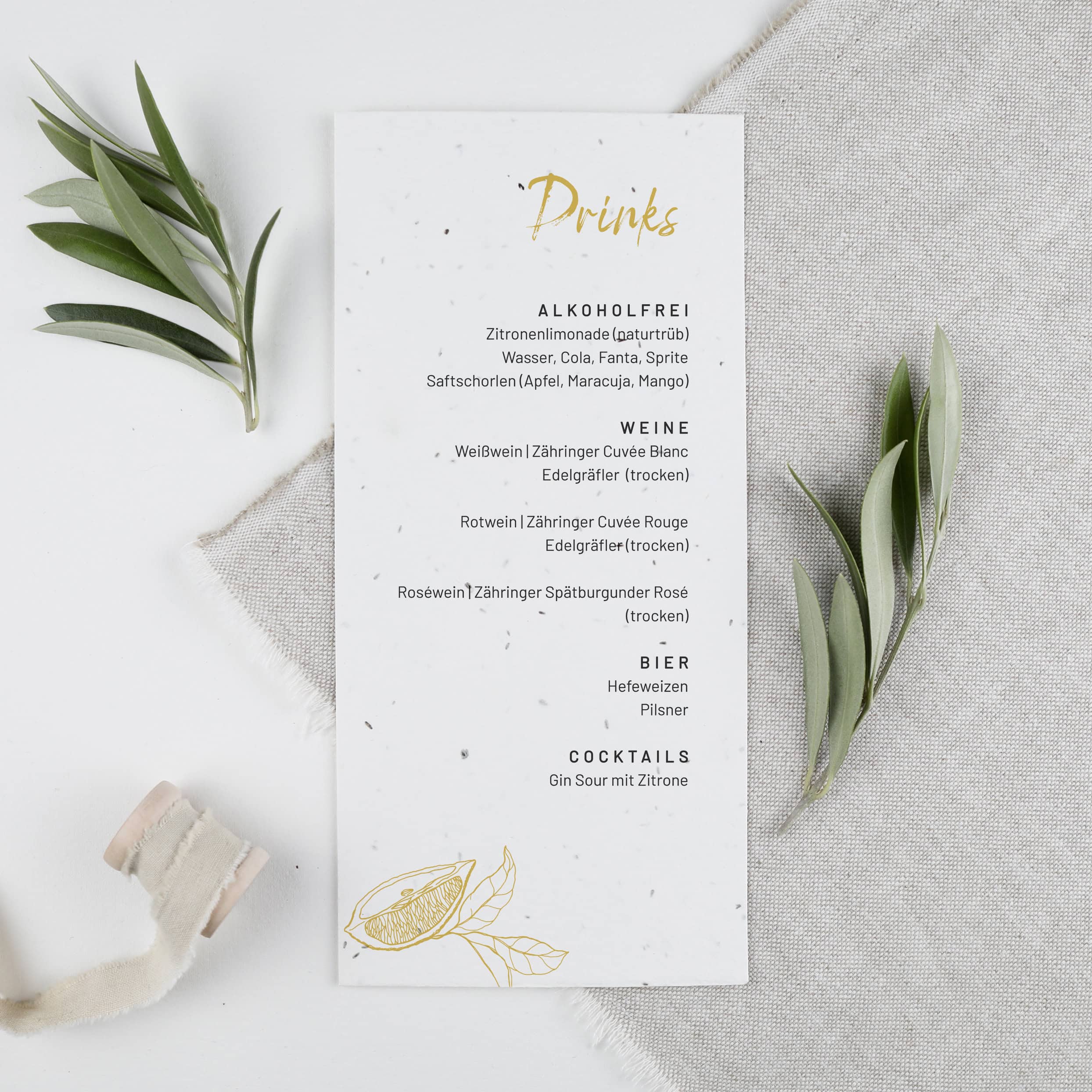 Menü- und Getränkekarte auf Samenpapier für eure nachhaltige Hochzeitsfeier, nachhaltig heiraten mit Menü und Getränkekarte auf handgeschöpftem Saatpapier