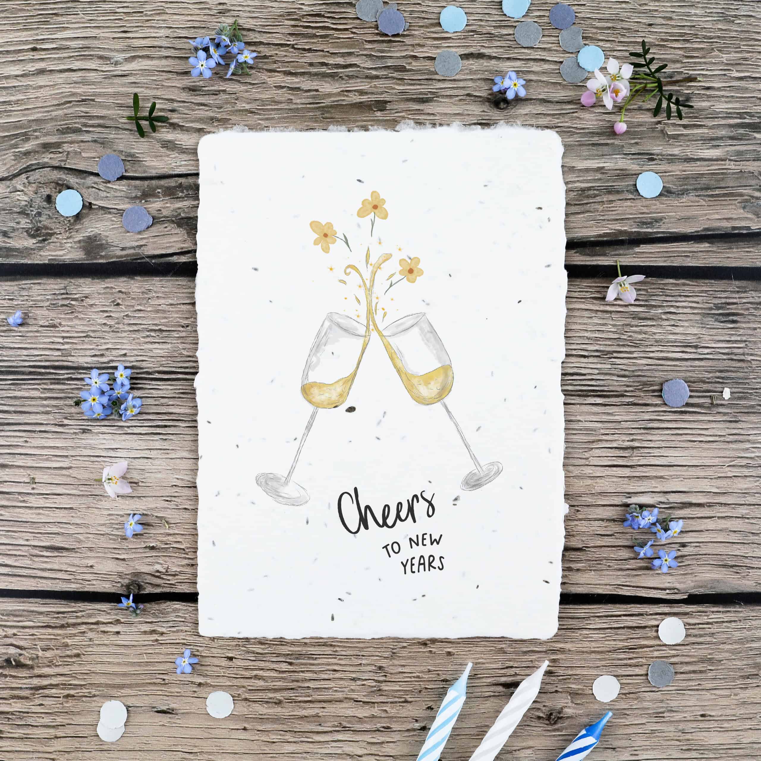 heylittlegreen-handgeschöpftes Saatpapier-Samenkarte zum Geburtstag-Geburtstagskarte-Gratulation-Cheers to new years (2) Samenkarte mit Sektgläsern zum Anstoßen und Feiern von neuen Jahren