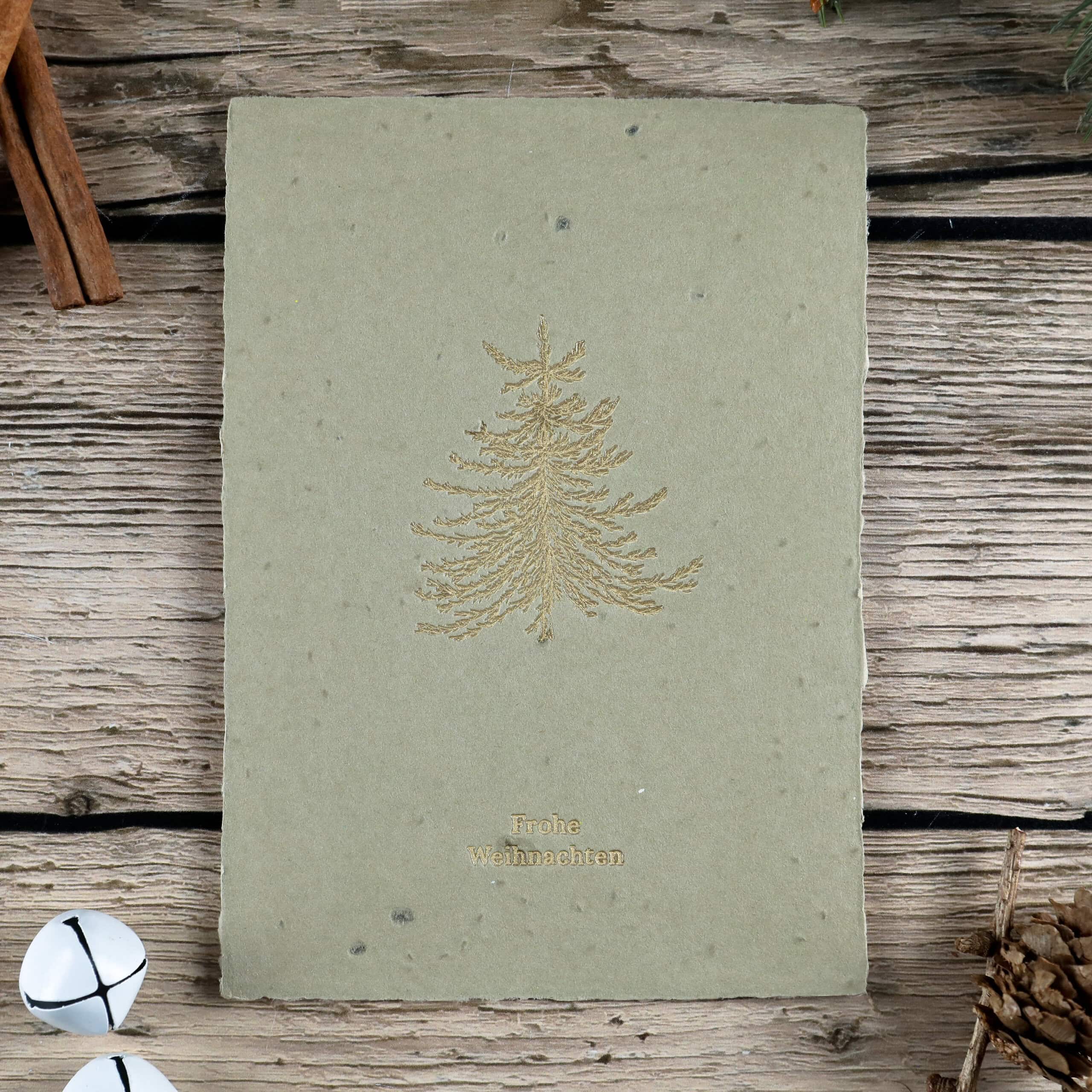 heylittlegreen-handgeschöpftes Saatpapier-Wachsende Weihnachtskarte-Goldene Tanne-Samenkarte (4) Wachsende Weihnachtskarte mit Golddruck auf Lebensmittelbasis und Motiv eines Tannenbaums