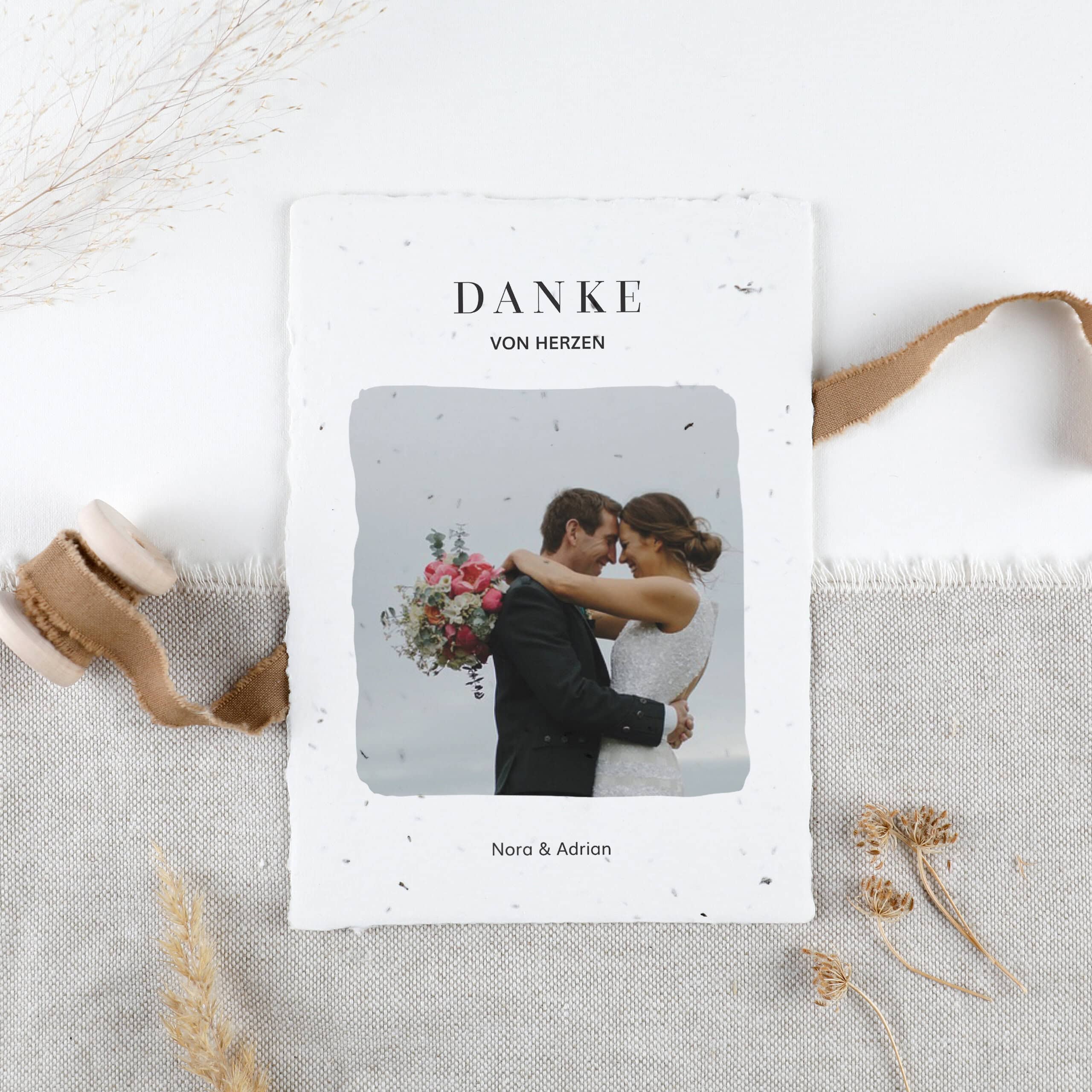Danksagungskarte Hochzeit mit hochwertigem Fotodruck auf Samenpapier