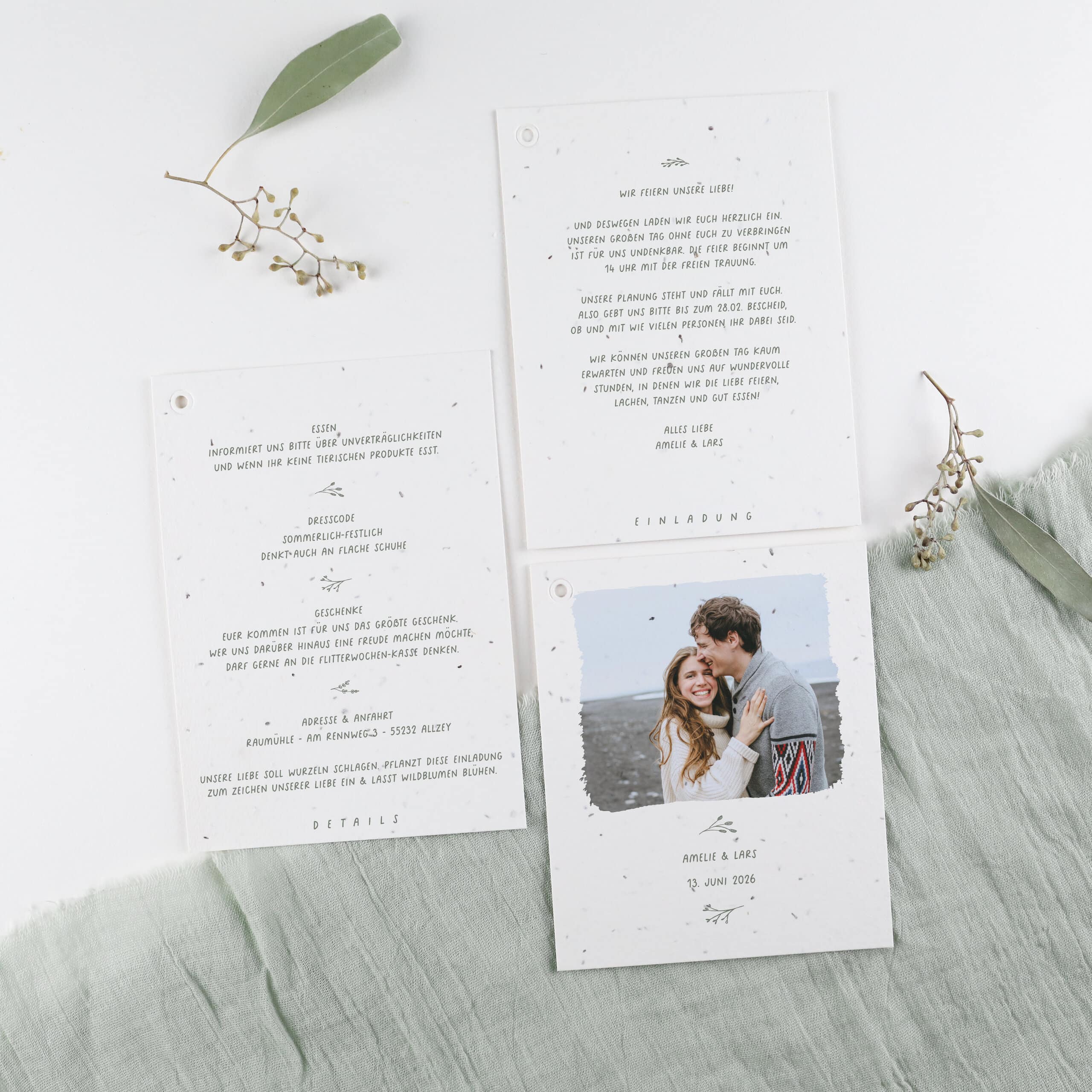 Papeterie zur Hochzeit aus handgemachtem Samenpapier, Einpflanzbare Hochzeitseinladungen und wachsende Hochzeitskarten, Zarte Zweige, Minimalistische, süße Designs