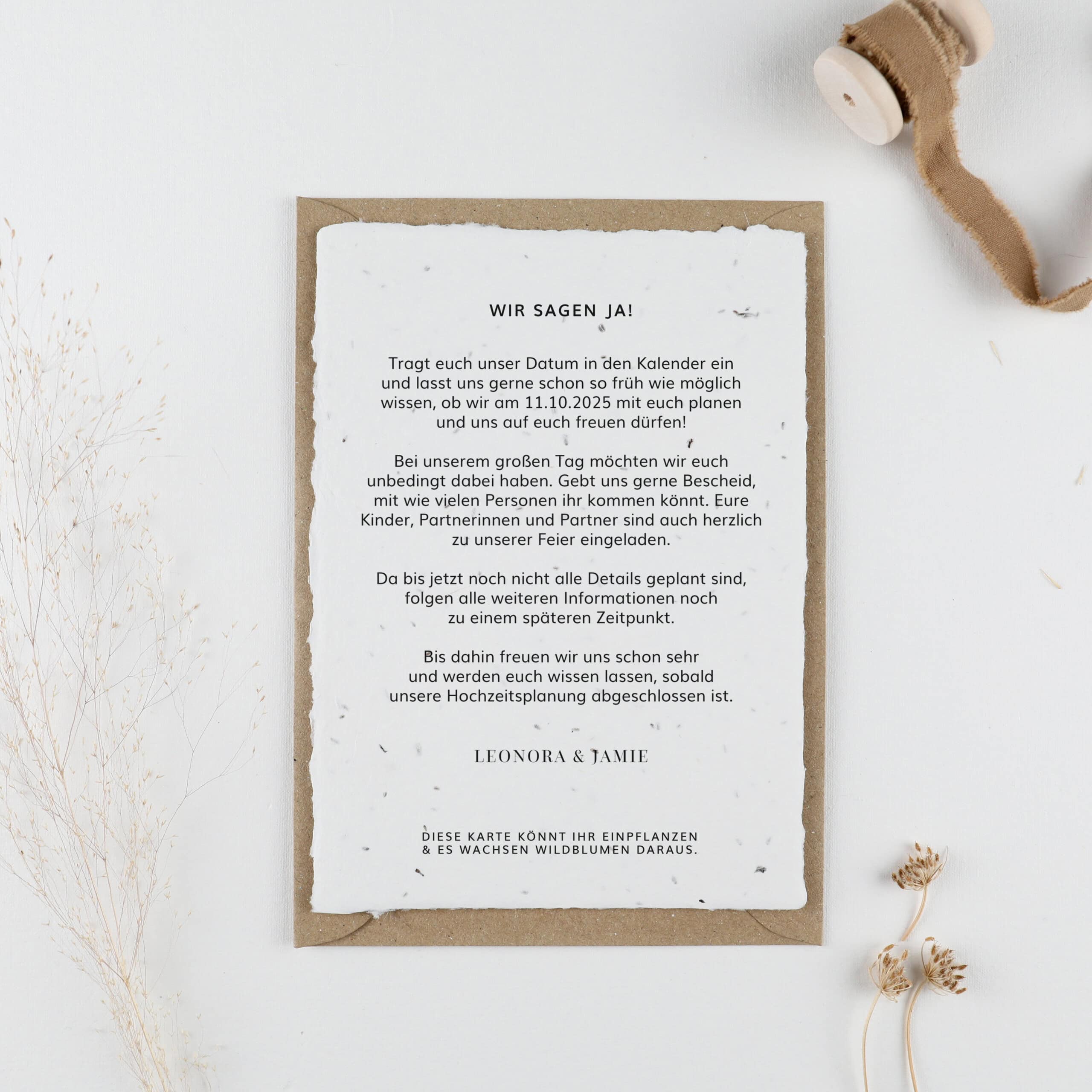 Save the Date Karte aus der Blumen wachsen, nachhaltige Einladungen zur Hochzeit aus Samenpapier, Let love grow und lasst die Liebe wachsen!