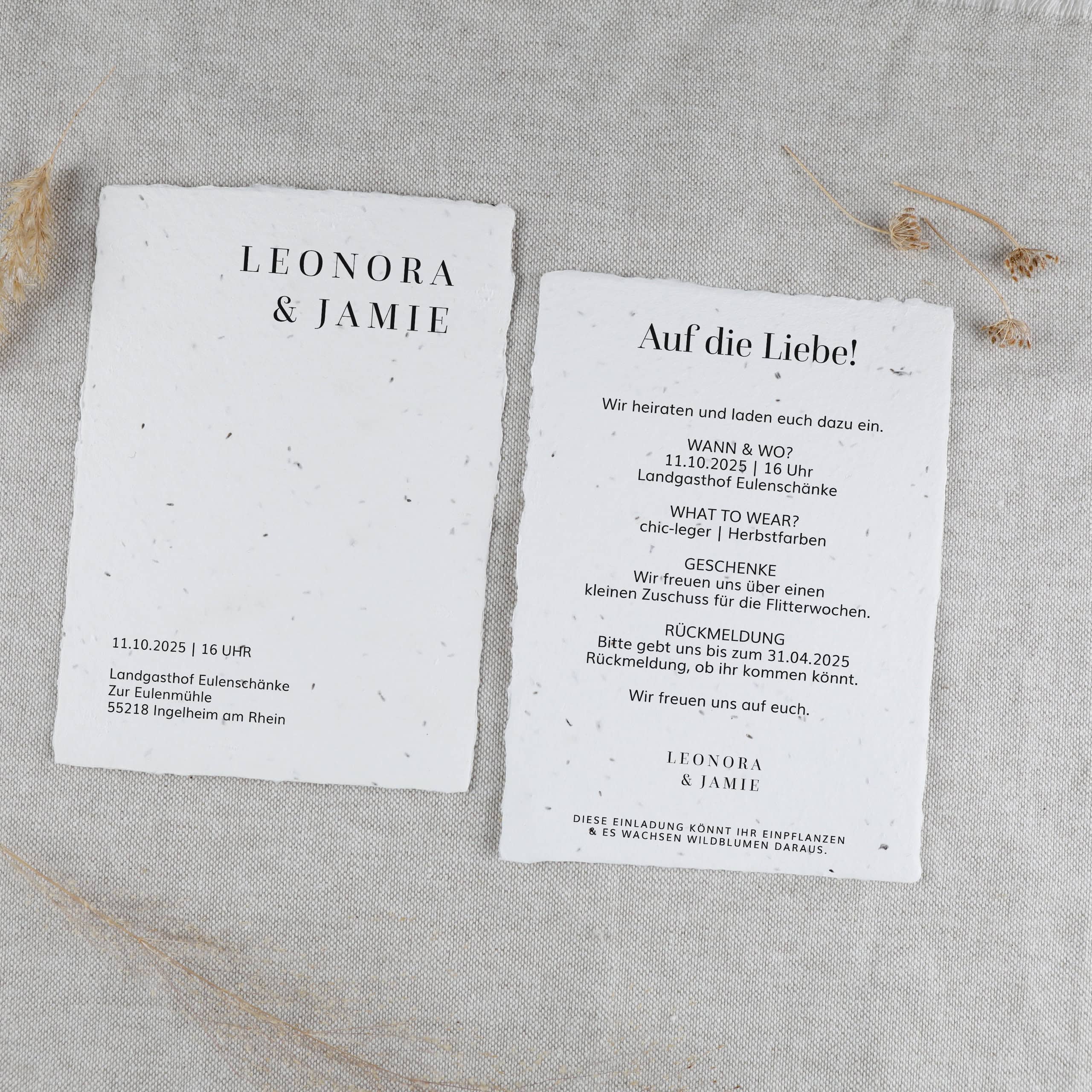 Nachhaltige Hochzeitseinladung aus handgeschöpftem Saatpapier - nachhaltig heiraten und die Liebe wachsen lassen mit Hochzeitspapeterie aus Samenpapier