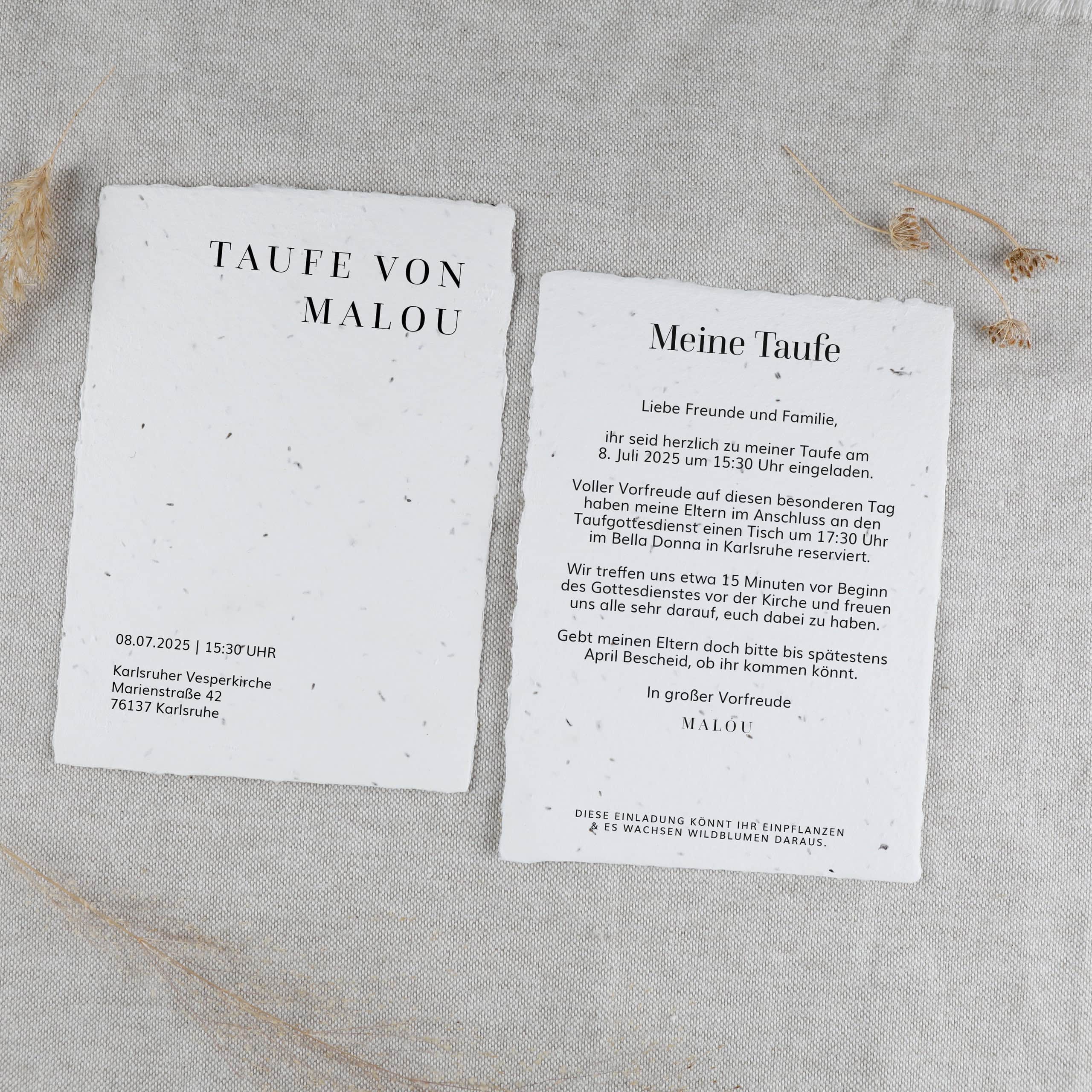 heylittlegreen-handgeschöpftes Saatpapier-Taufeinladung-Samenpapier zur Taufe-Einladung (1) Nachhaltige Einladung zur Taufe auf handgeschöpftem Saatpapier, Taufeinladung Samenpapier, Einpflanzbare Einladung zur Taufe