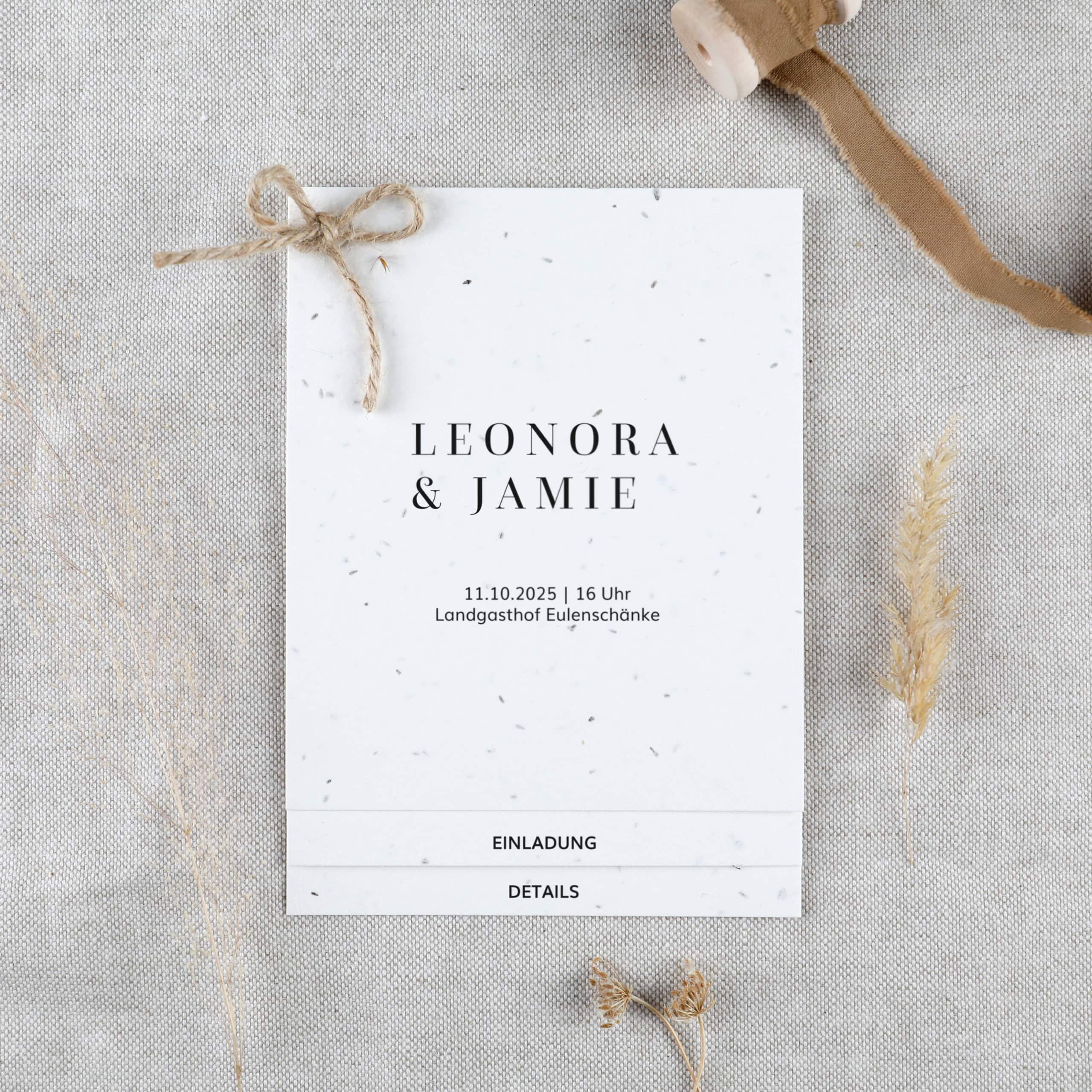 heylittlegreen-handgeschöpftes Saatpapier-einpflanzbare Hochzeitseinladung-Samenpapier-Einladung für nachhaltige Feiern-Mehrteiler (3) Mehrteilige Hochzeitseinladung aus Einladung, Detailkarte und minimalistischem edlem Cover