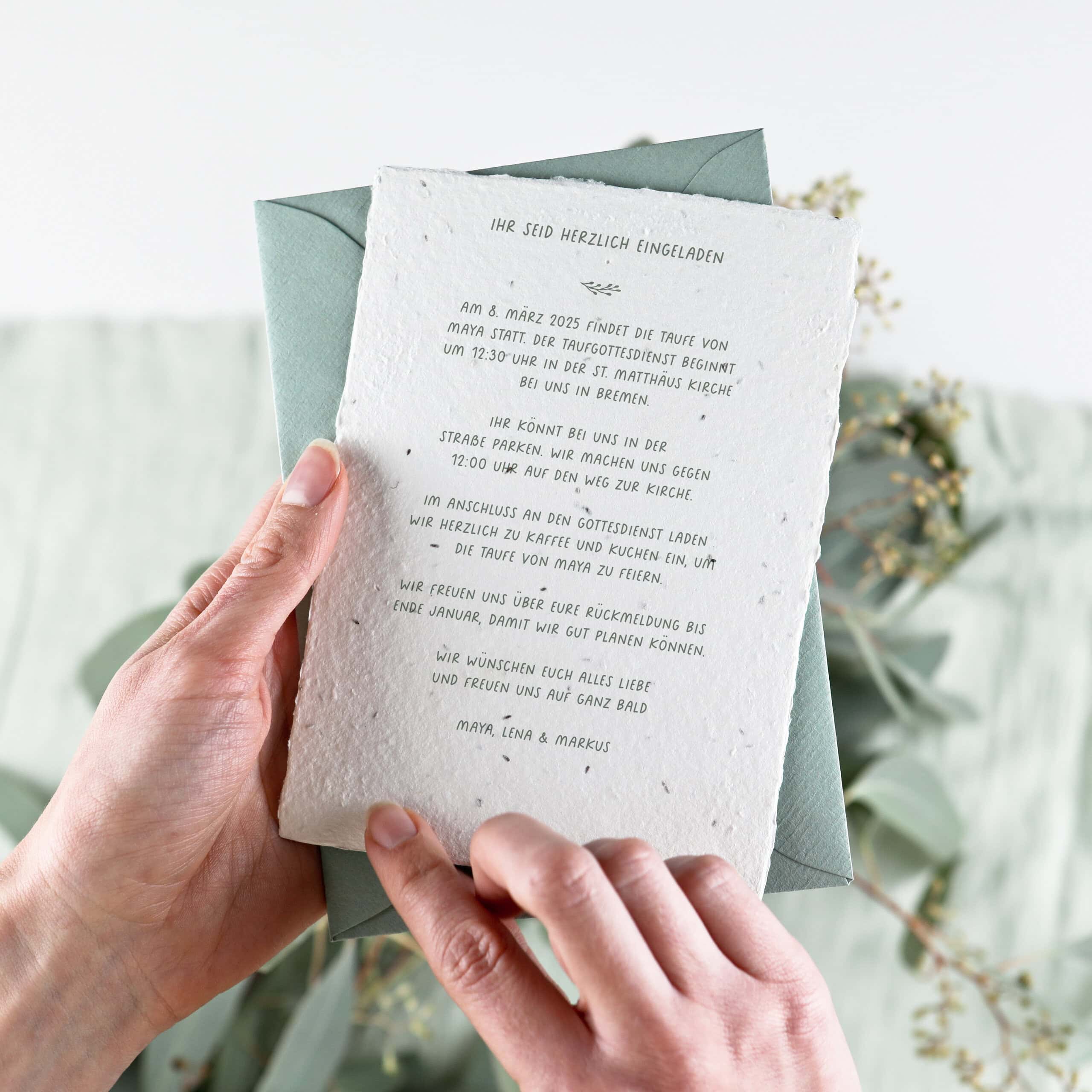 Einladung zur Taufe auf handgeschöpftem Samenpapier, Taufeinladung aus der Blumen wachsen, Einpflanzbare Einladung Taufe