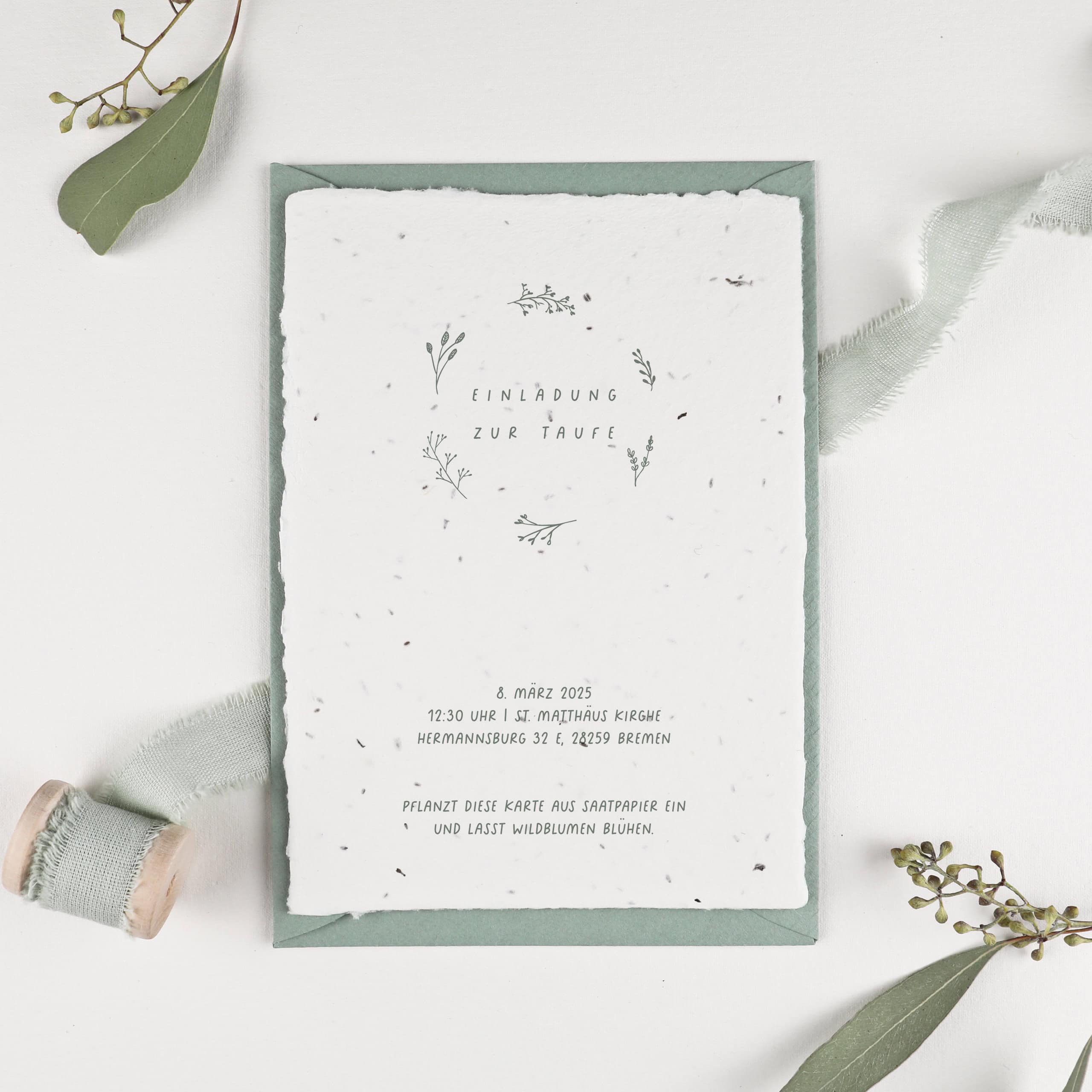 Einladung zur Taufe auf handgeschöpftem Samenpapier, Taufeinladung aus der Blumen wachsen, Einpflanzbare Einladung Taufe