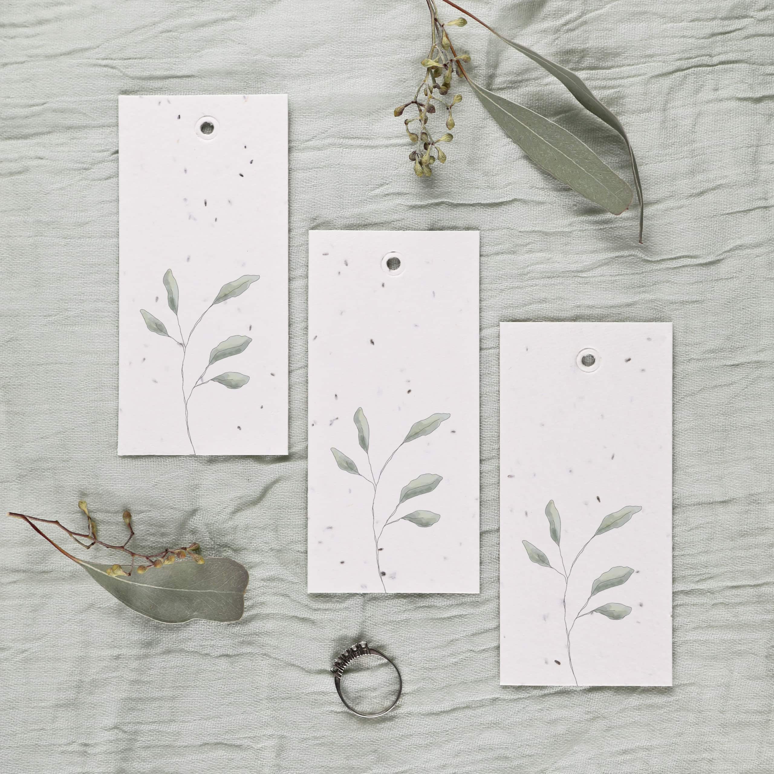 Einpflanzbare Geschenkanhänger aus Samenpapier, Set aus 3 Anhängern mit Eukalyptus-Illustrationen für eure nachhaltige Feier, Hochzeit oder einen besonderen Anlass