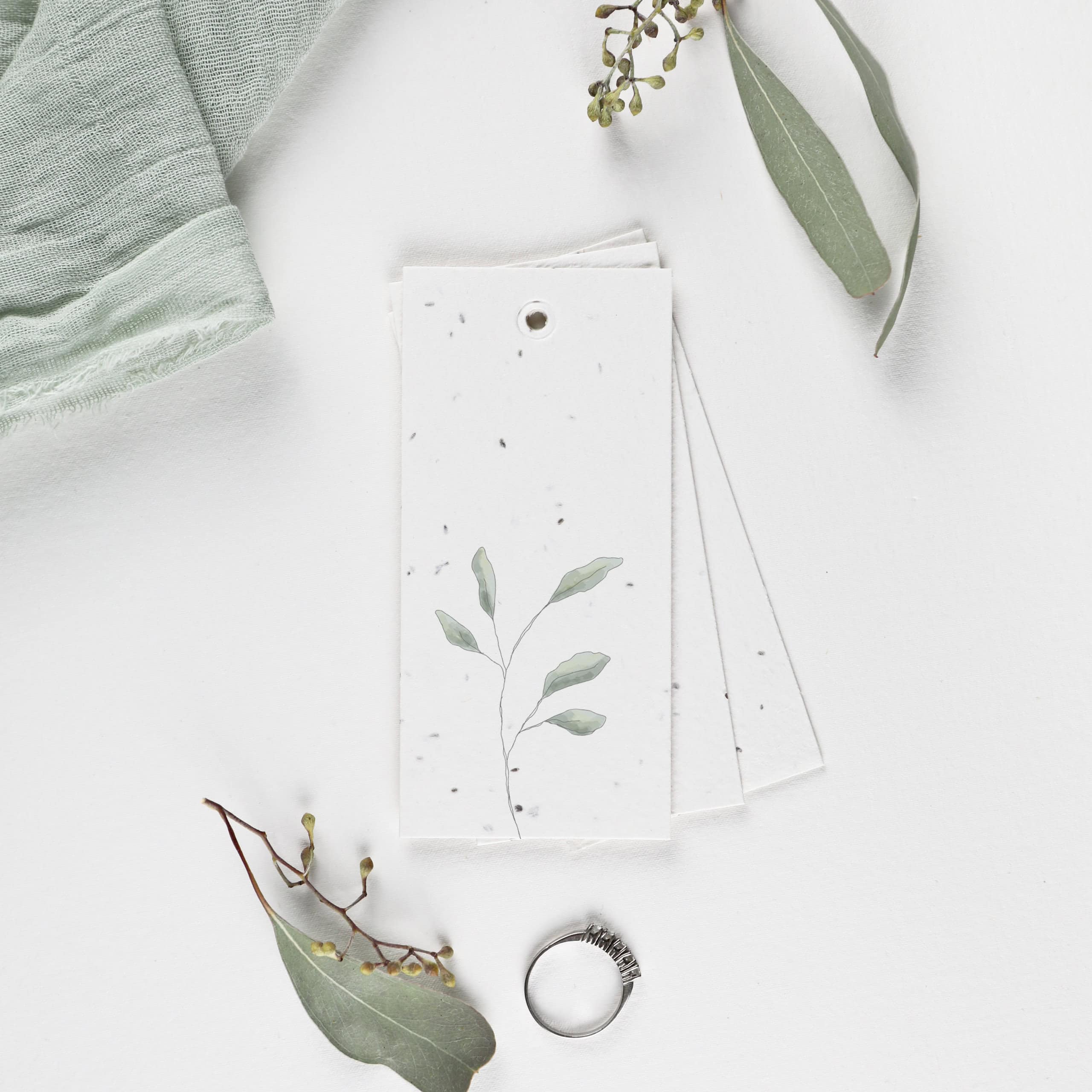 Einpflanzbare Geschenkanhänger aus Samenpapier, Set aus 3 Anhängern mit Eukalyptus-Illustrationen für eure nachhaltige Feier, Hochzeit oder einen besonderen Anlass