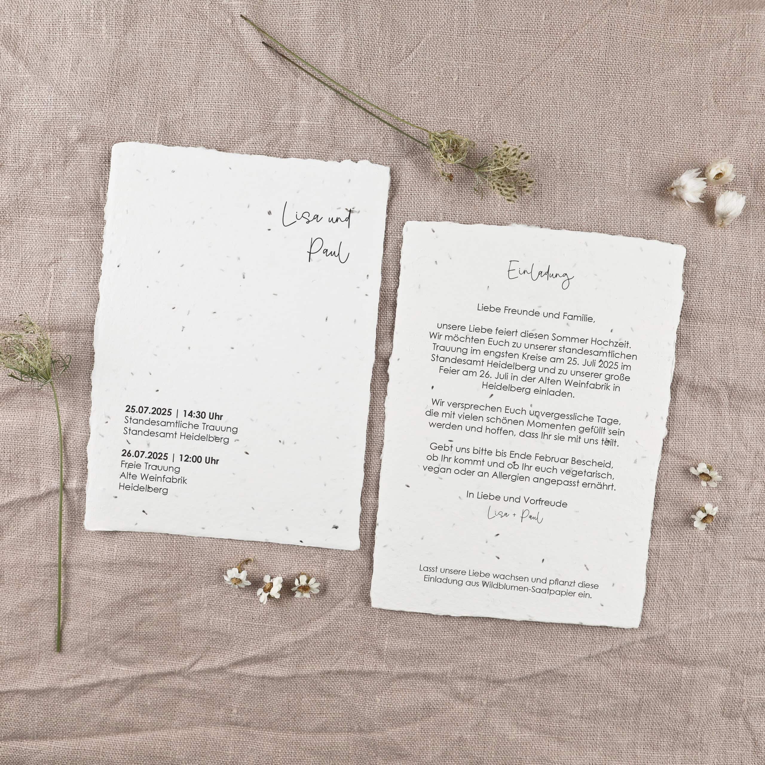 Nachhaltige Hochzeitseinladung zum Einpflanzen aus der floralen Serie "Wildflower", Bunte Blumen treffen auf verspieltes Design für eure nachhaltige Hochzeitsfeier mit Fotodruck