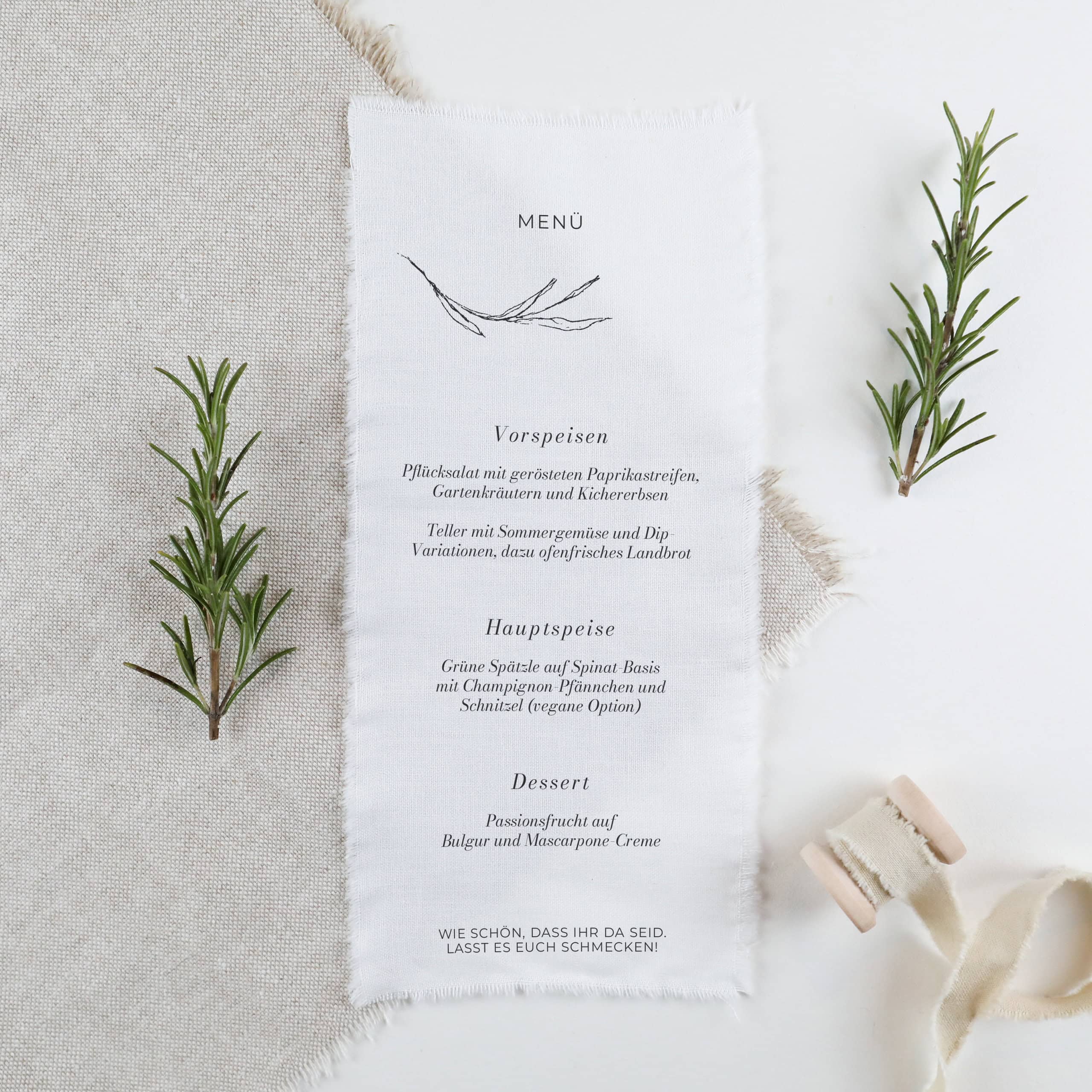 Stoffmenü-Karte für eure Hochzeit, hochwertiger Textildruck, Menükarte gedruckt auf Stoff, Menükarte Hochzeit Serie Rosemary